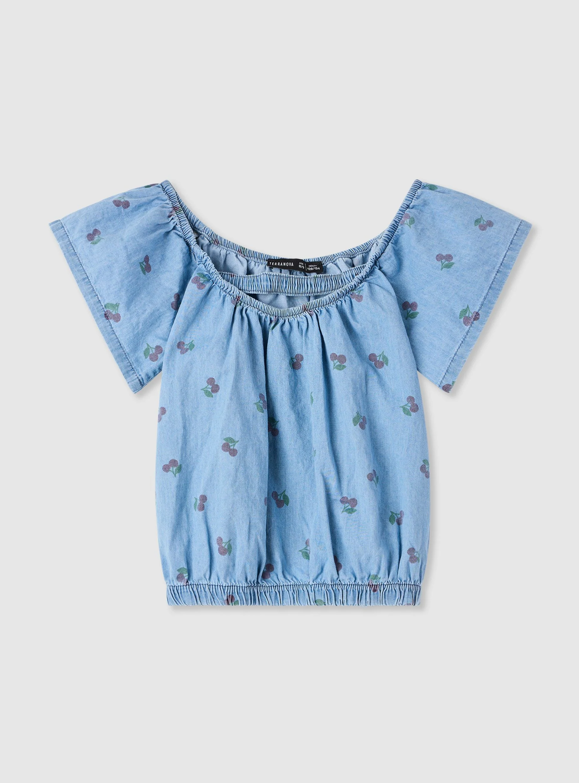 Blusa con stampa ciliegie e scollo elasticizzato