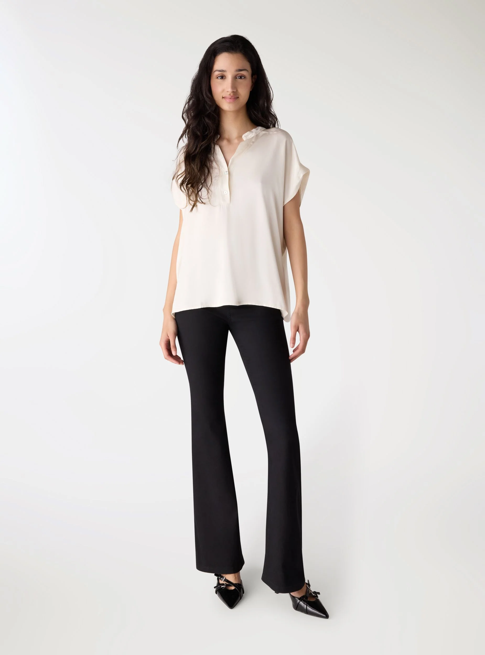 Camicia a maniche corte con collo alla coreana satin