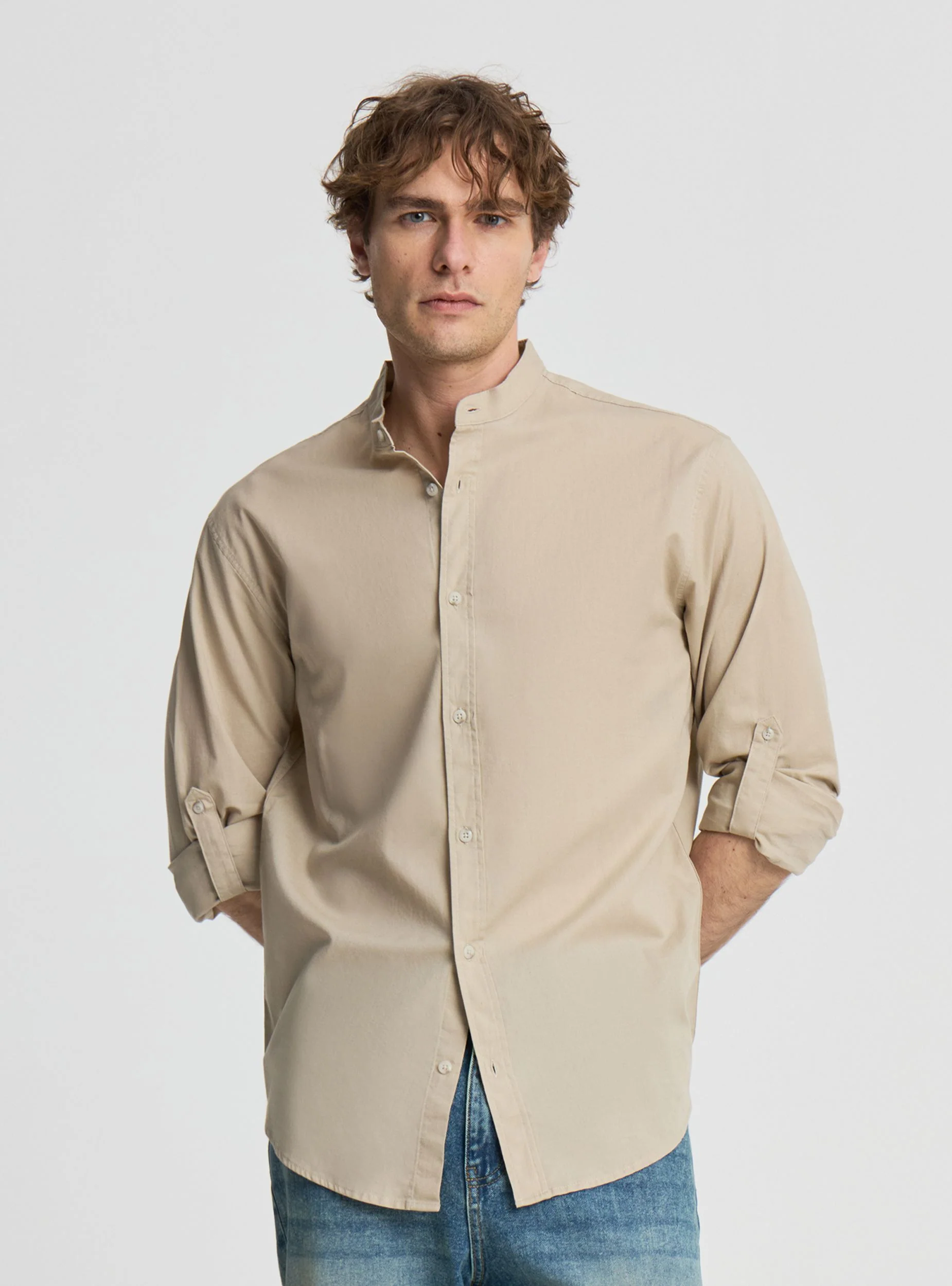Camicia collo coreana misto lino - Image 3