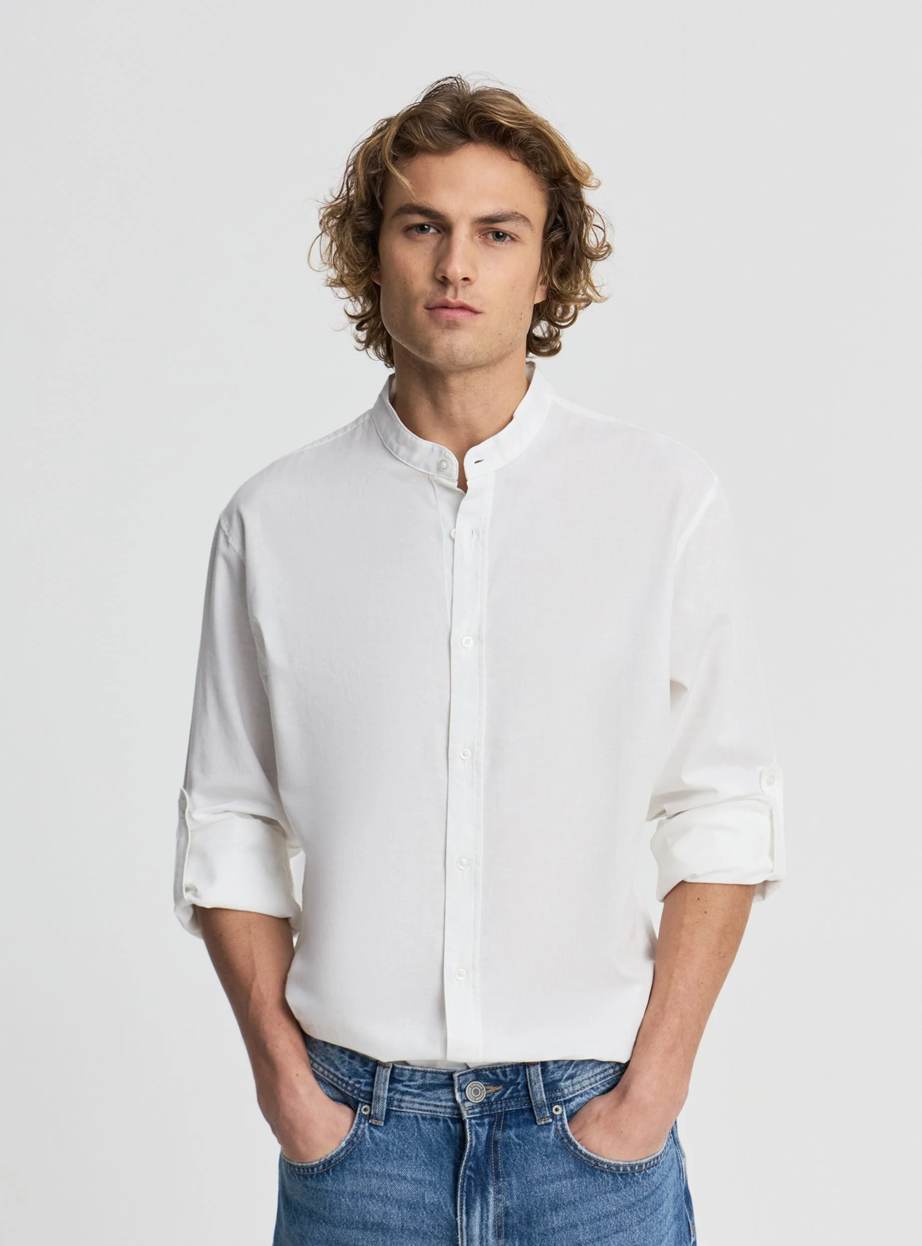 Camicia collo coreana misto lino - Image 2
