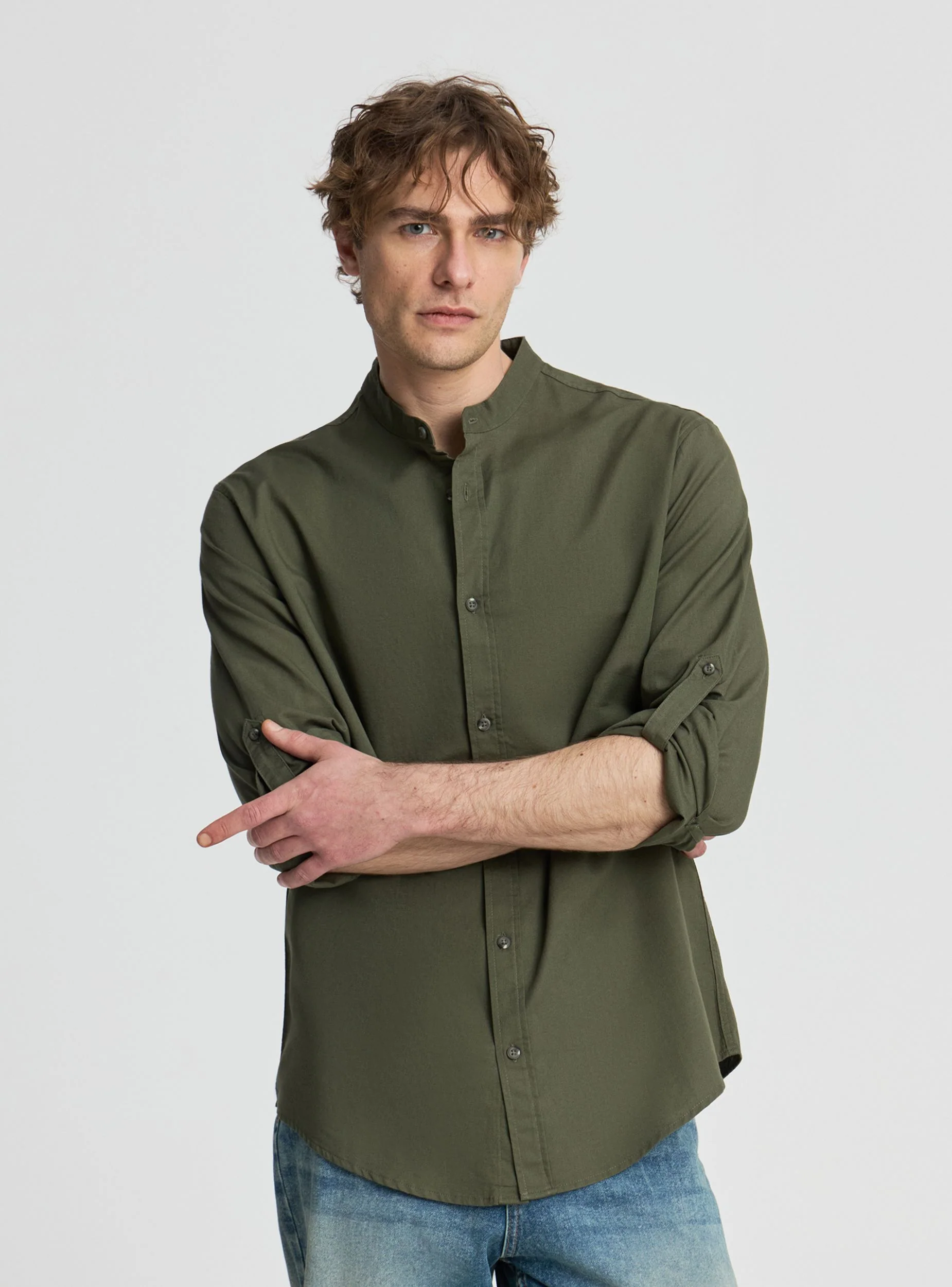 Camicia collo coreana misto lino