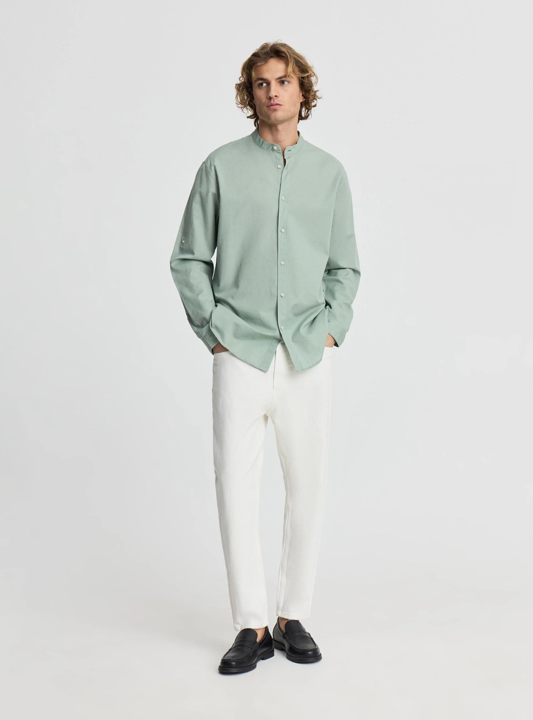 Camicia collo coreana misto lino