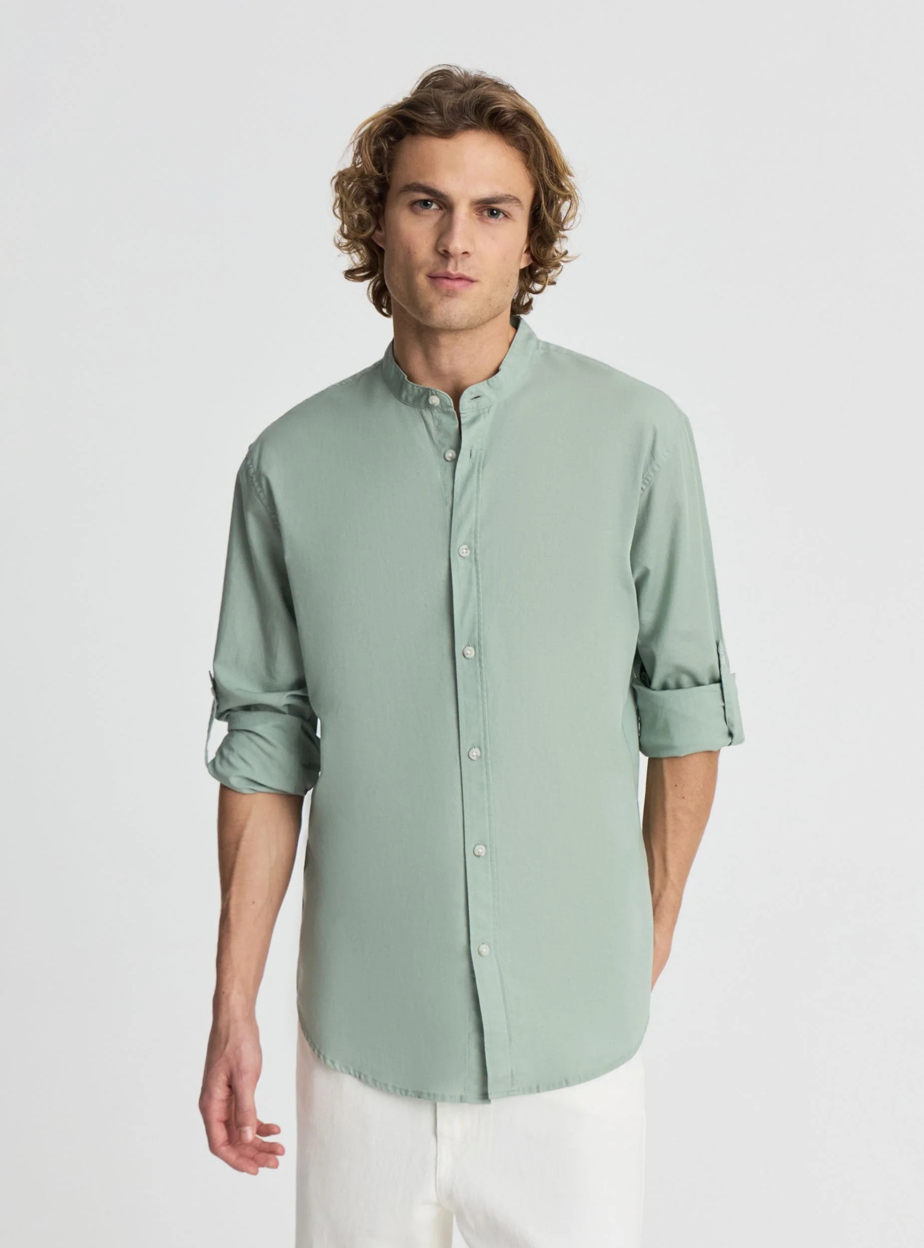Camicia collo coreana misto lino - Image 2
