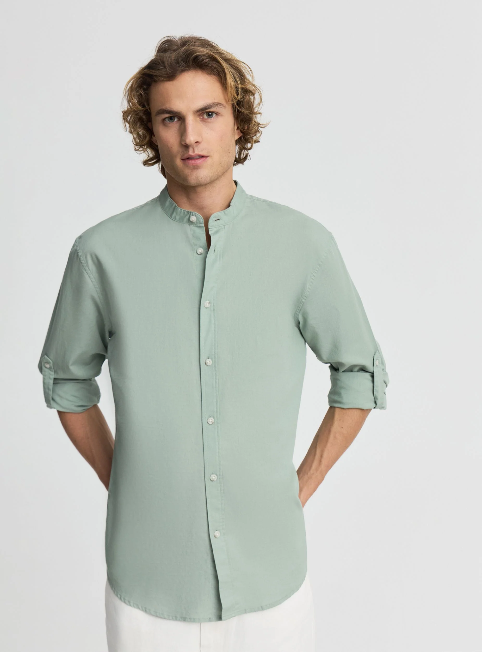 Camicia collo coreana misto lino - Image 4