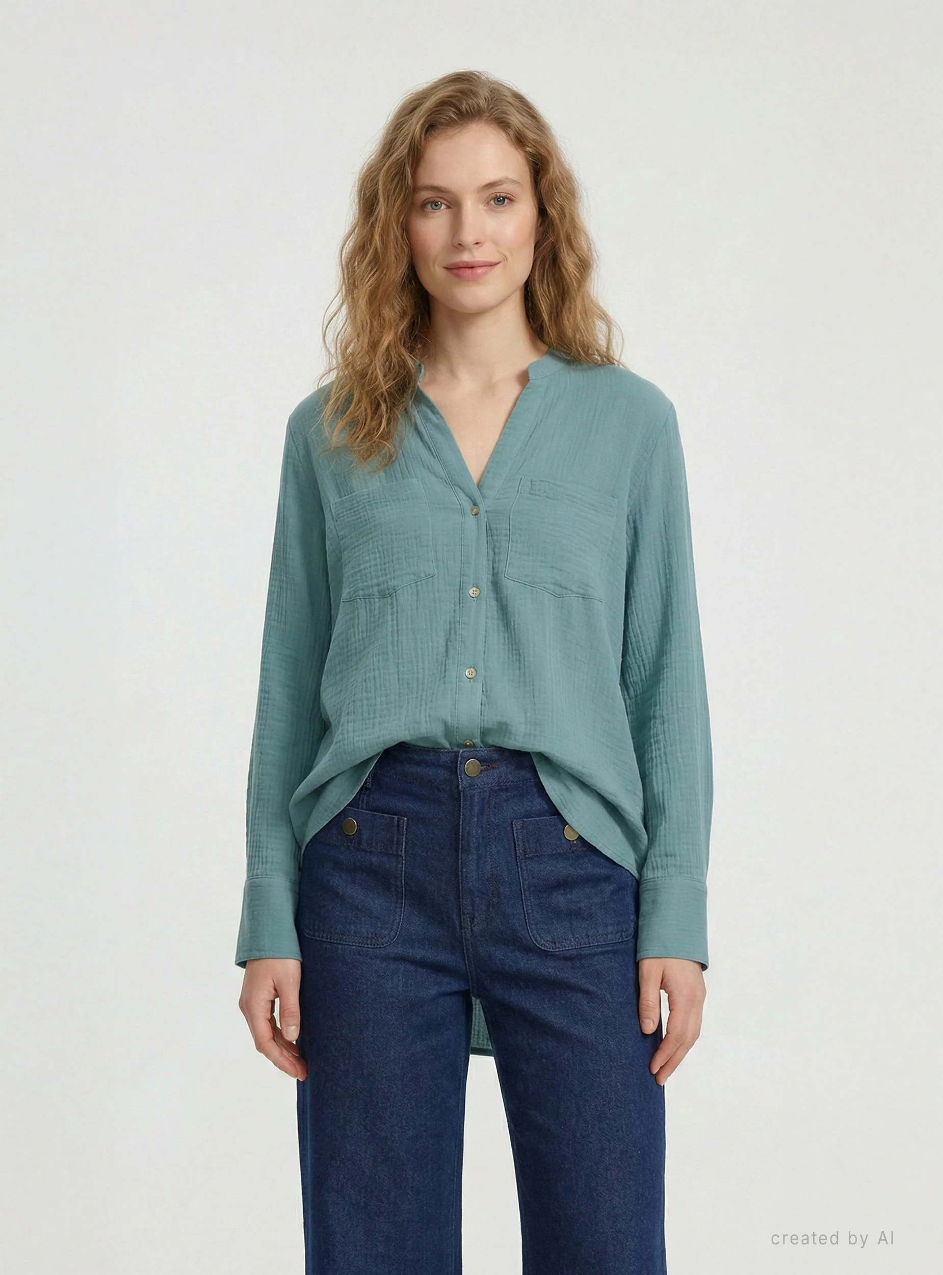Camicia con collo coreana e taschini - Image 2