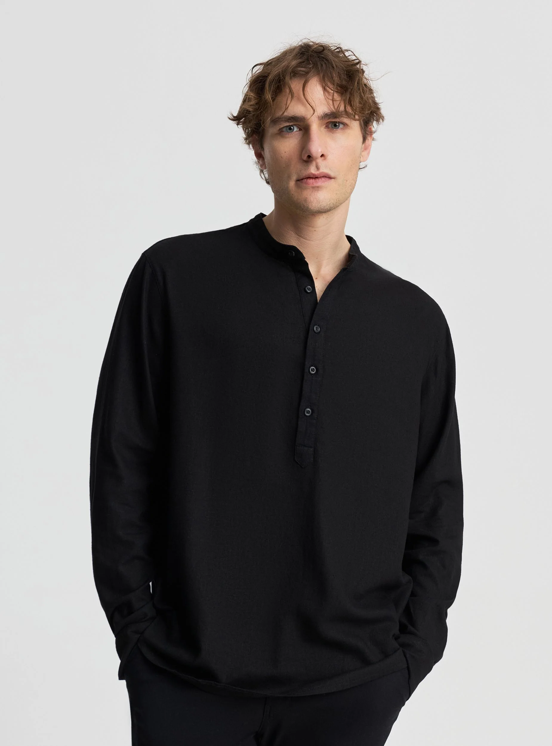Camicia con collo coreano misto lino - Image 2