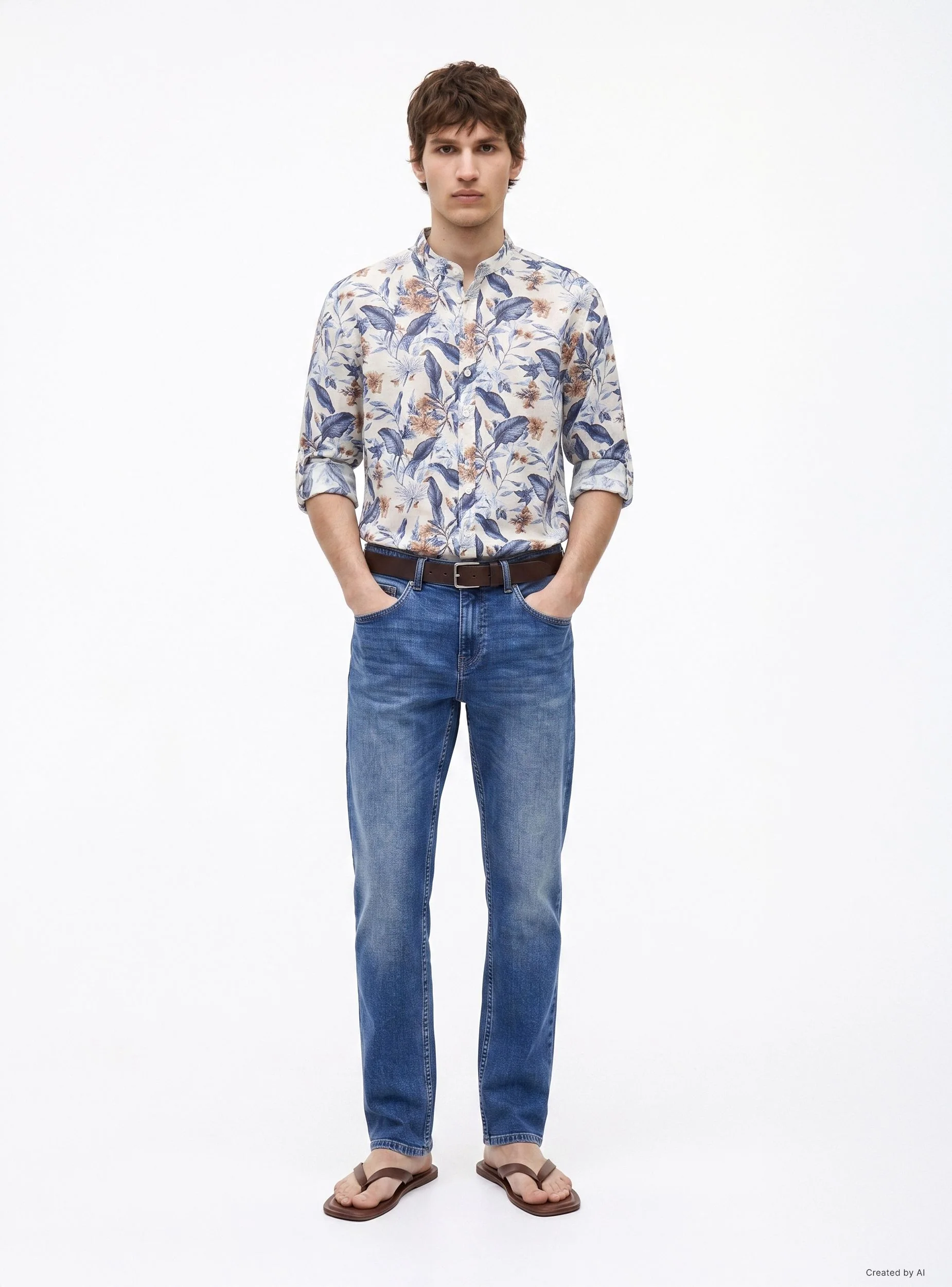 Camicia coreana a fiori in misto lino