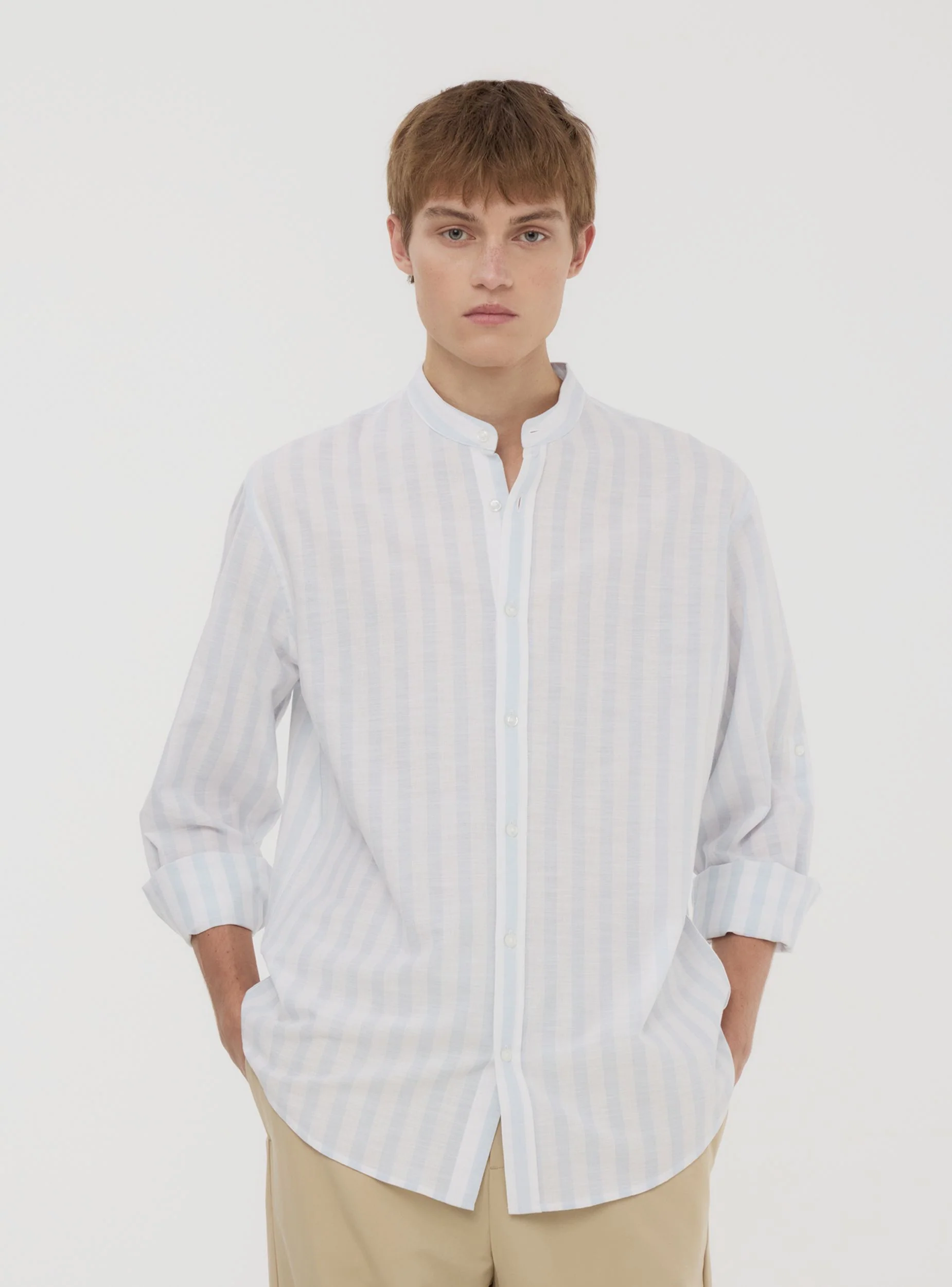 Camicia coreana a righe in misto lino