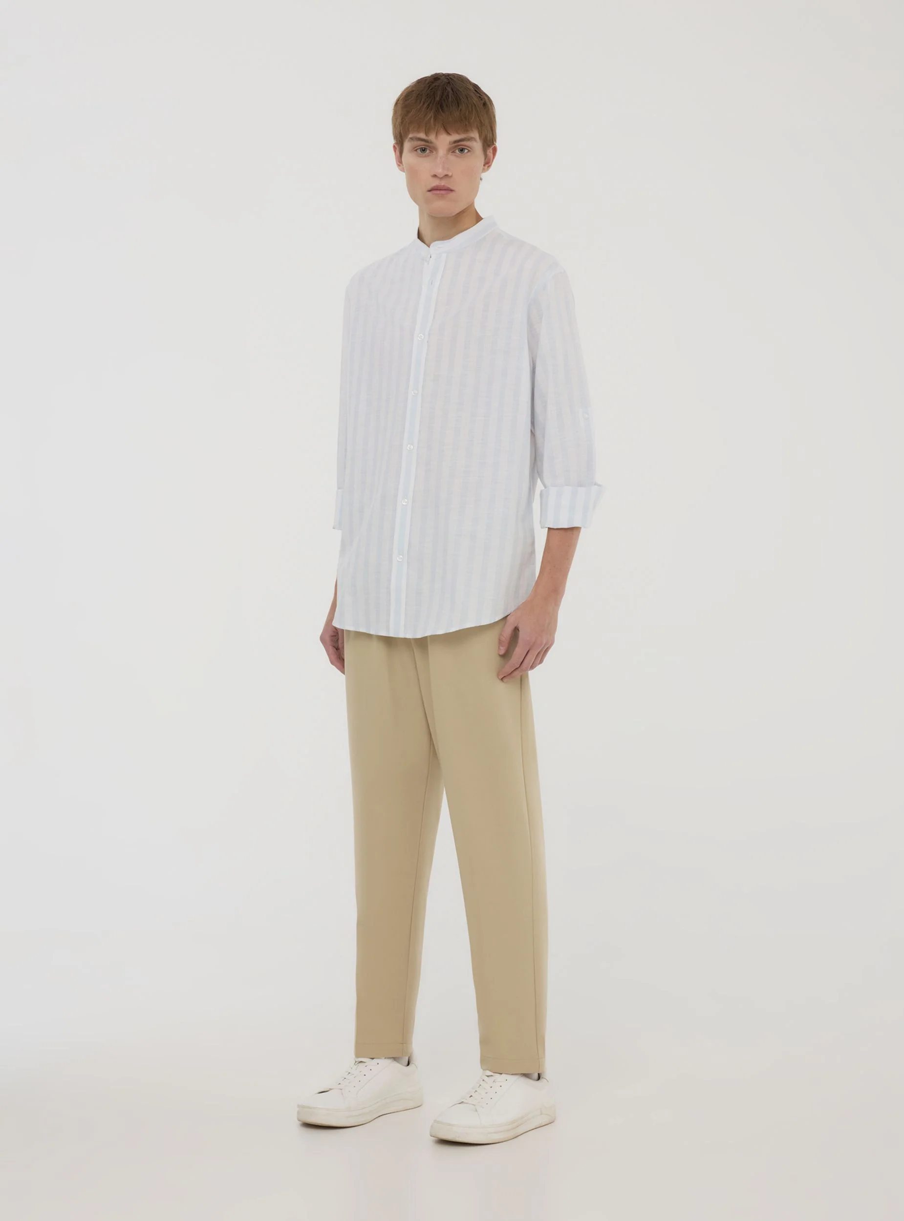 Camicia coreana a righe in misto lino - Image 2