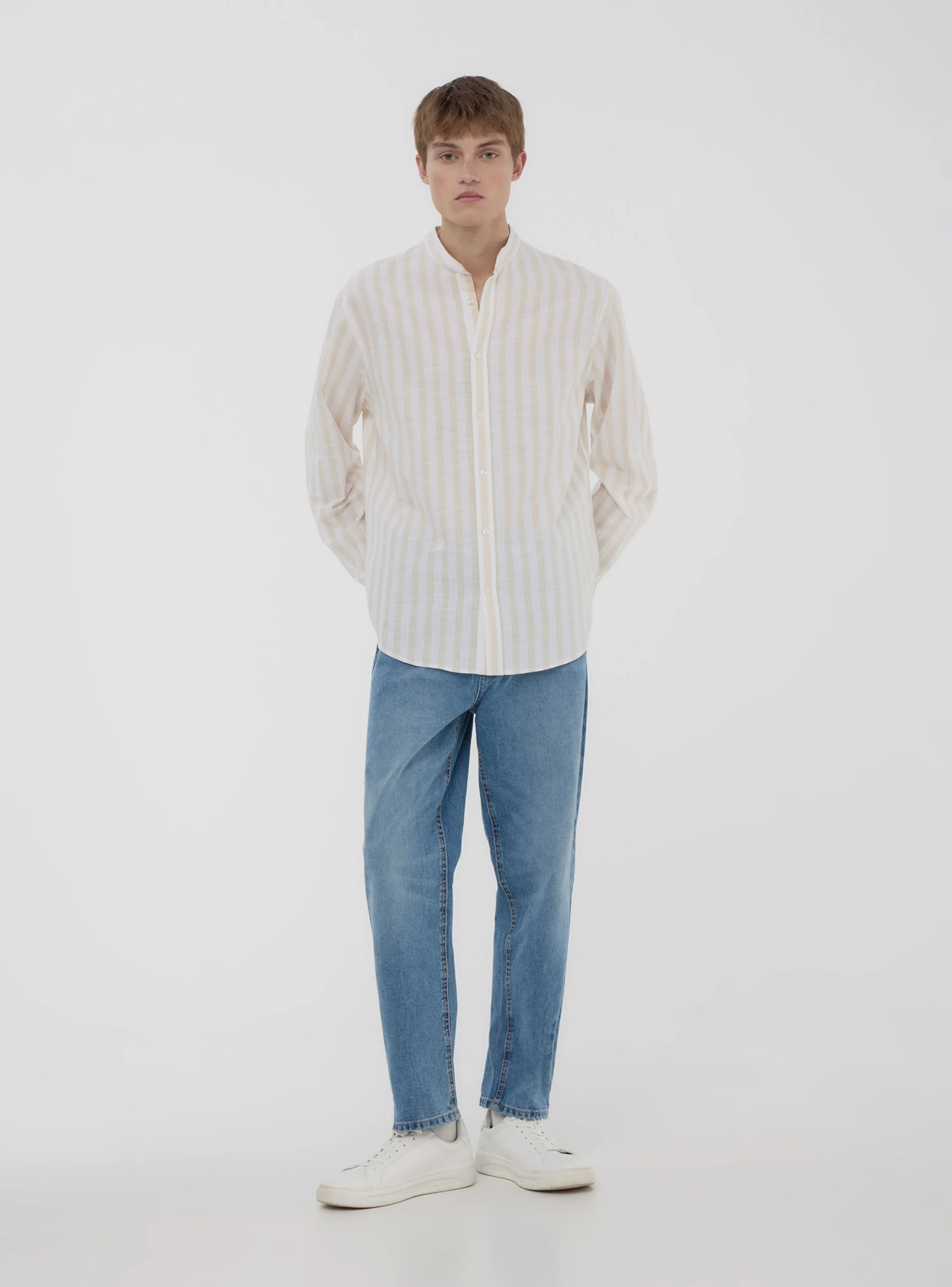 Camicia coreana a righe in misto lino - Image 3