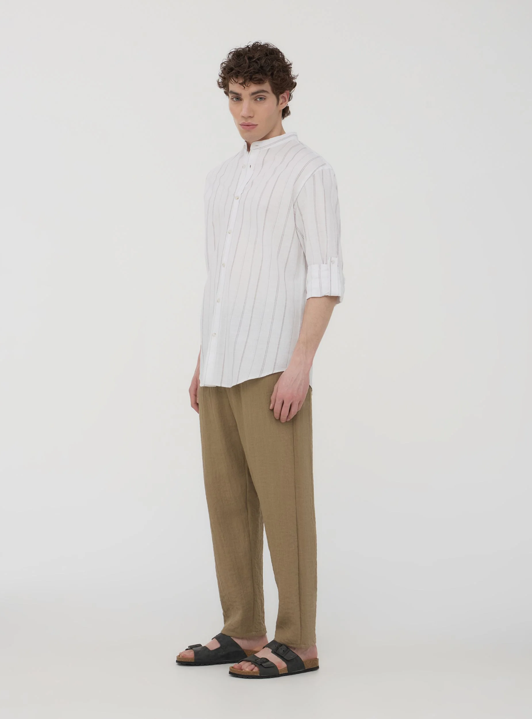 Camicia coreana in misto lino a righe - Image 2
