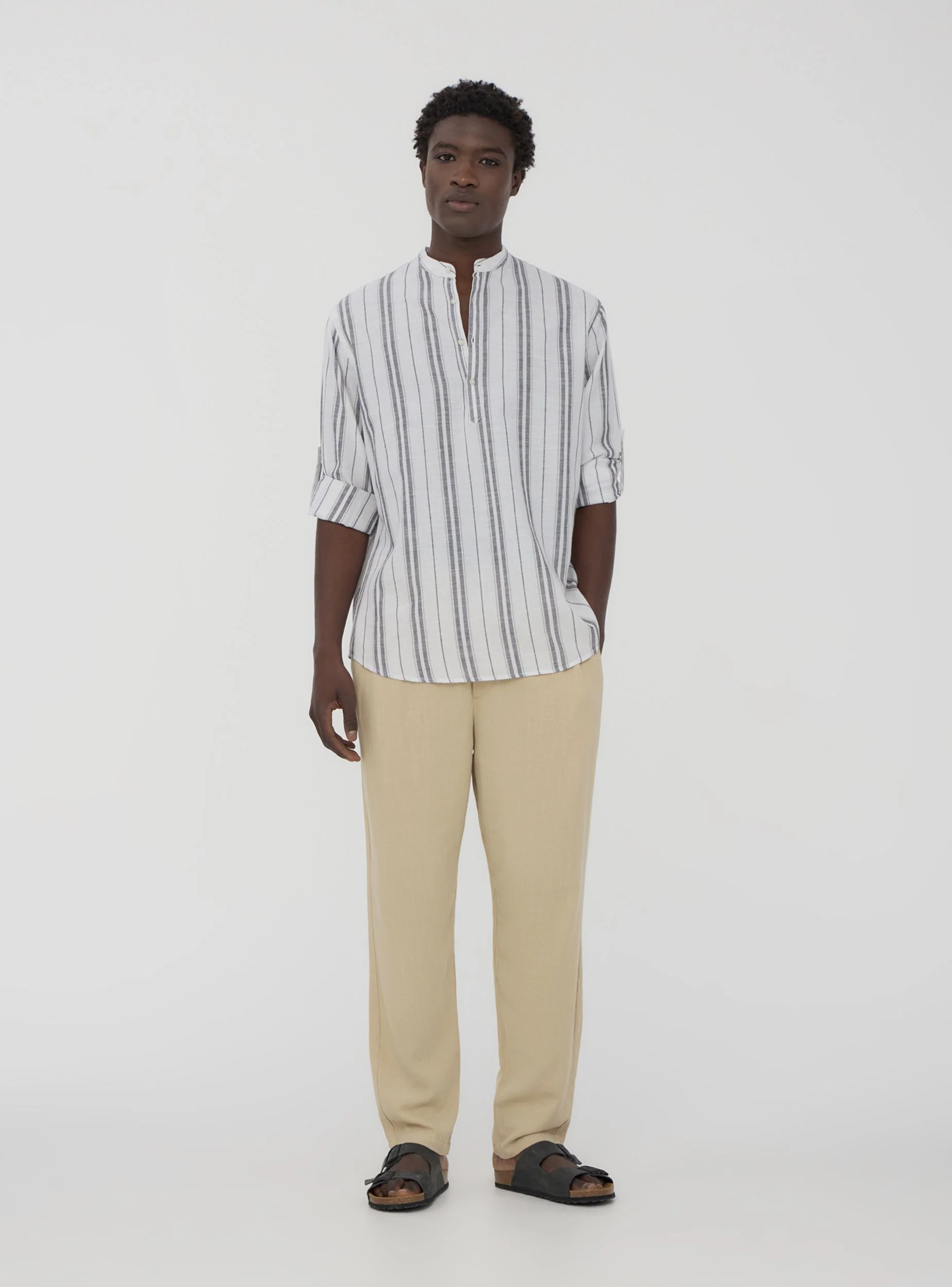 Camicia coreana in misto lino a righe sfalsate
