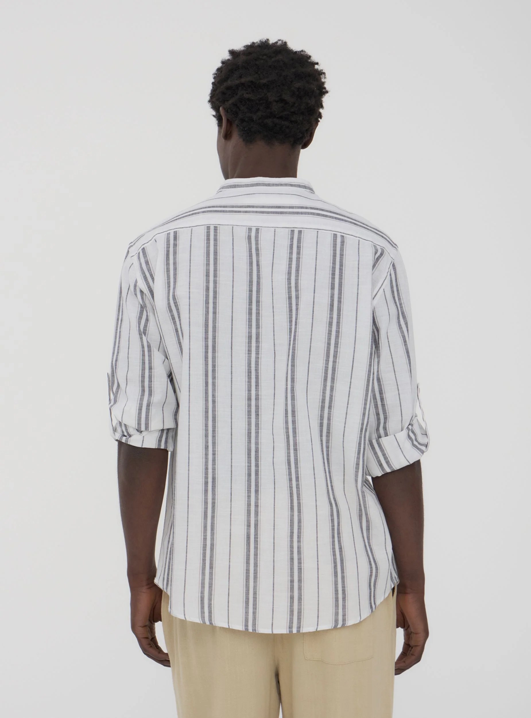 Camicia coreana in misto lino a righe sfalsate - Image 3