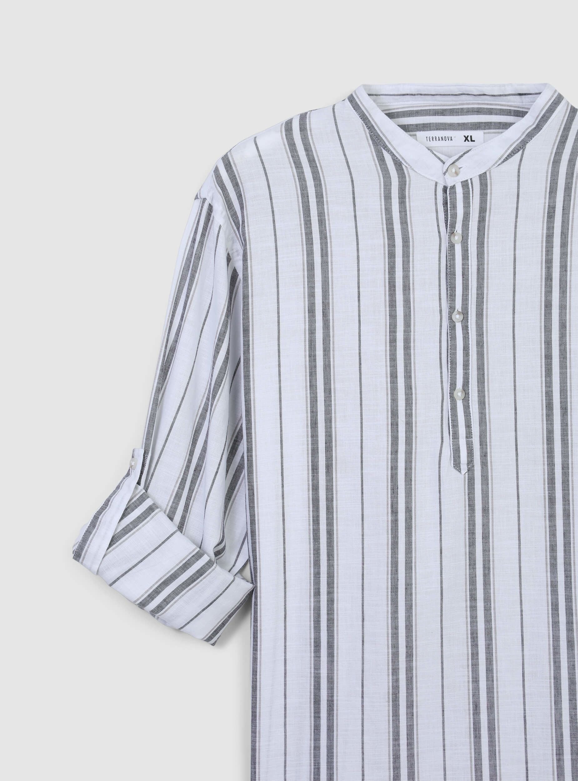 Camicia coreana in misto lino a righe sfalsate - Image 4