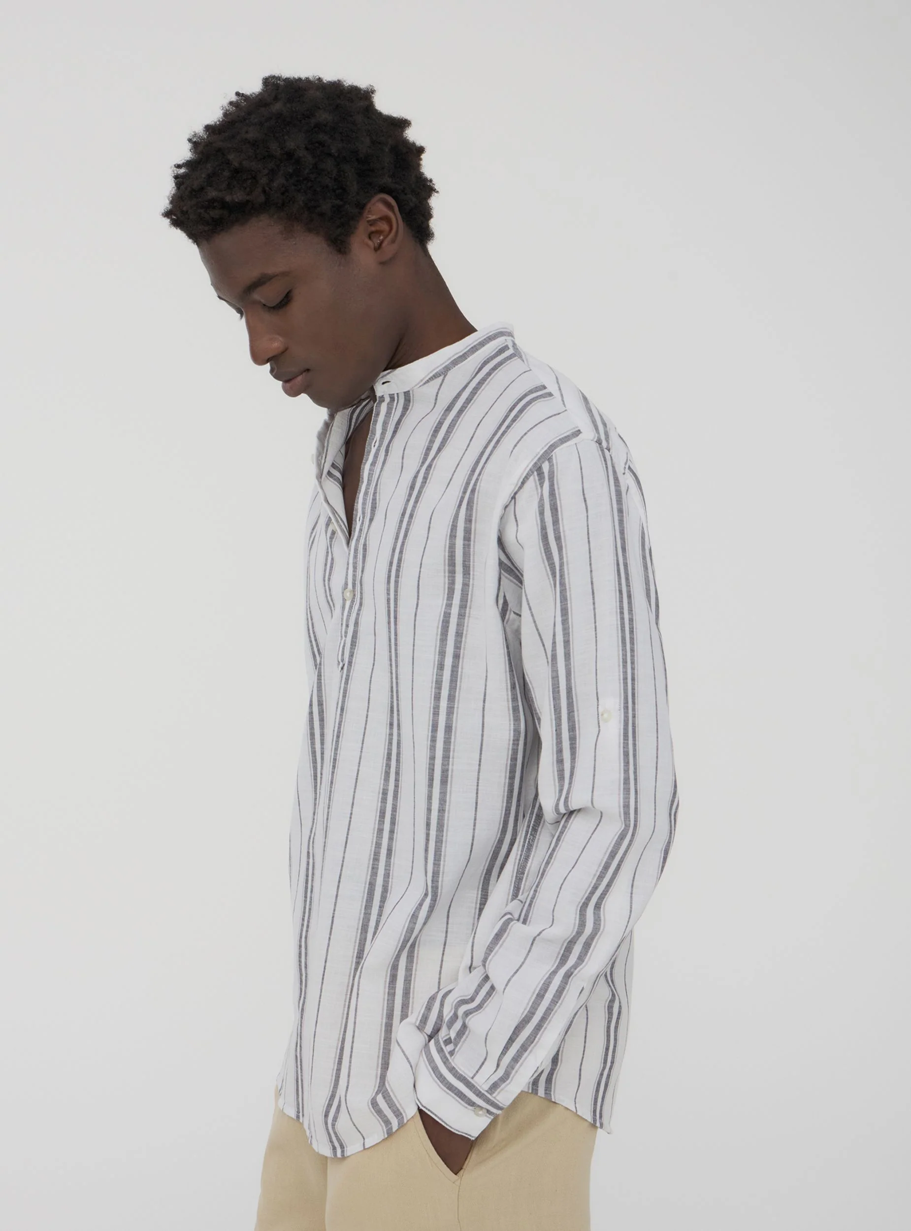 Camicia coreana in misto lino a righe sfalsate - Image 7