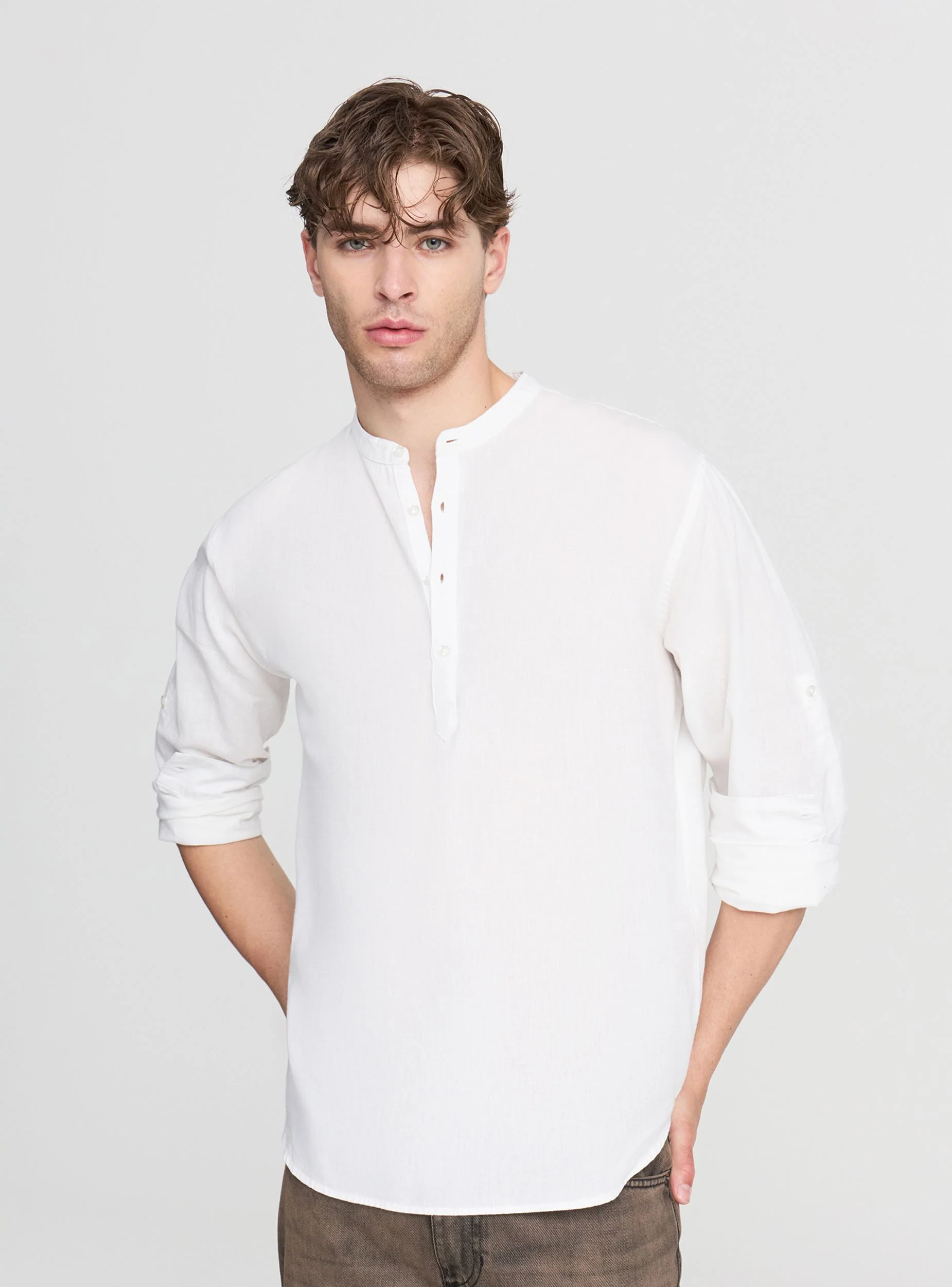 Camicia coreana in misto lino con maniche roll-up - Image 7