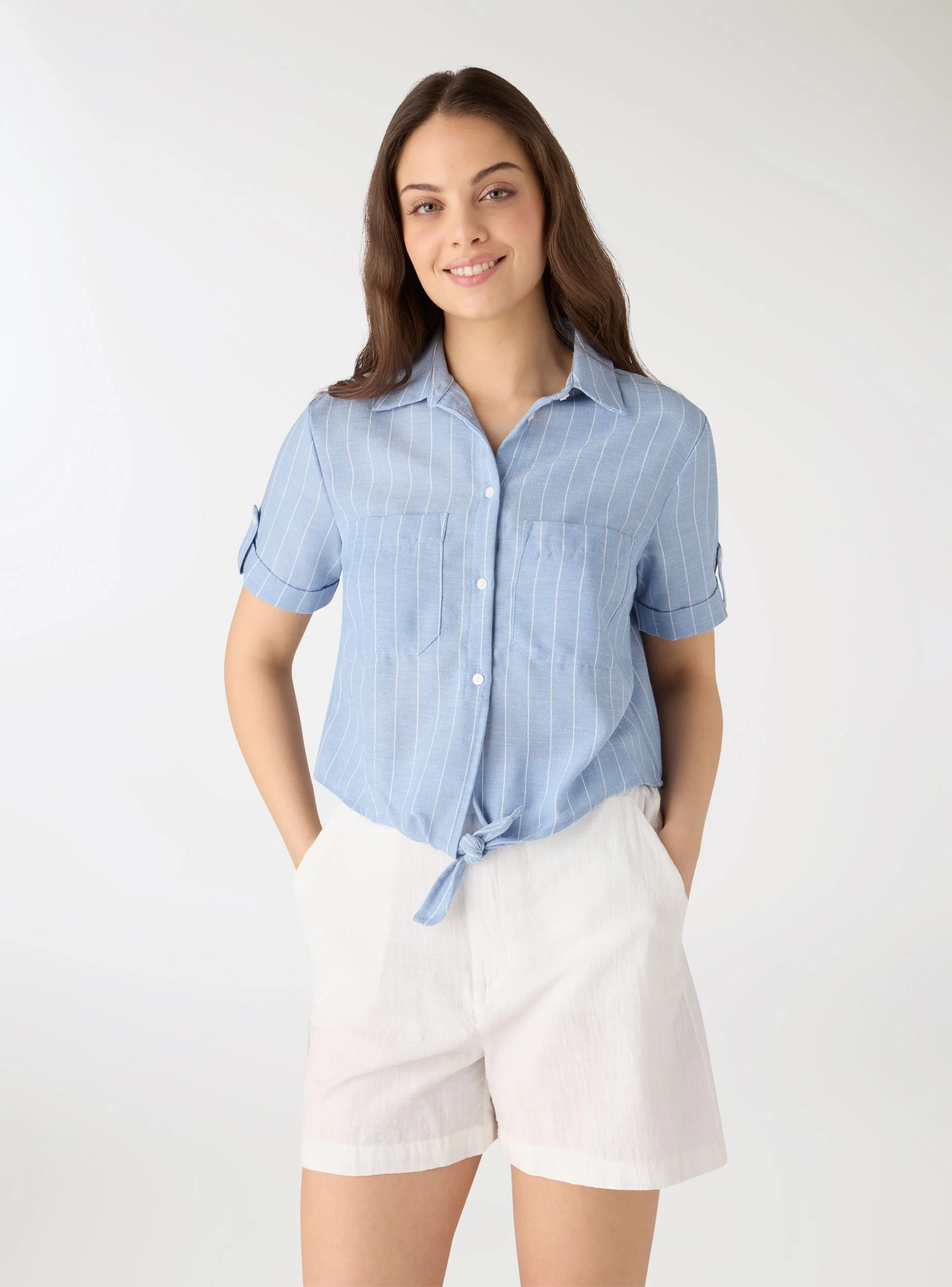 Camicia crop con nodo a righe effetto lino - Image 3