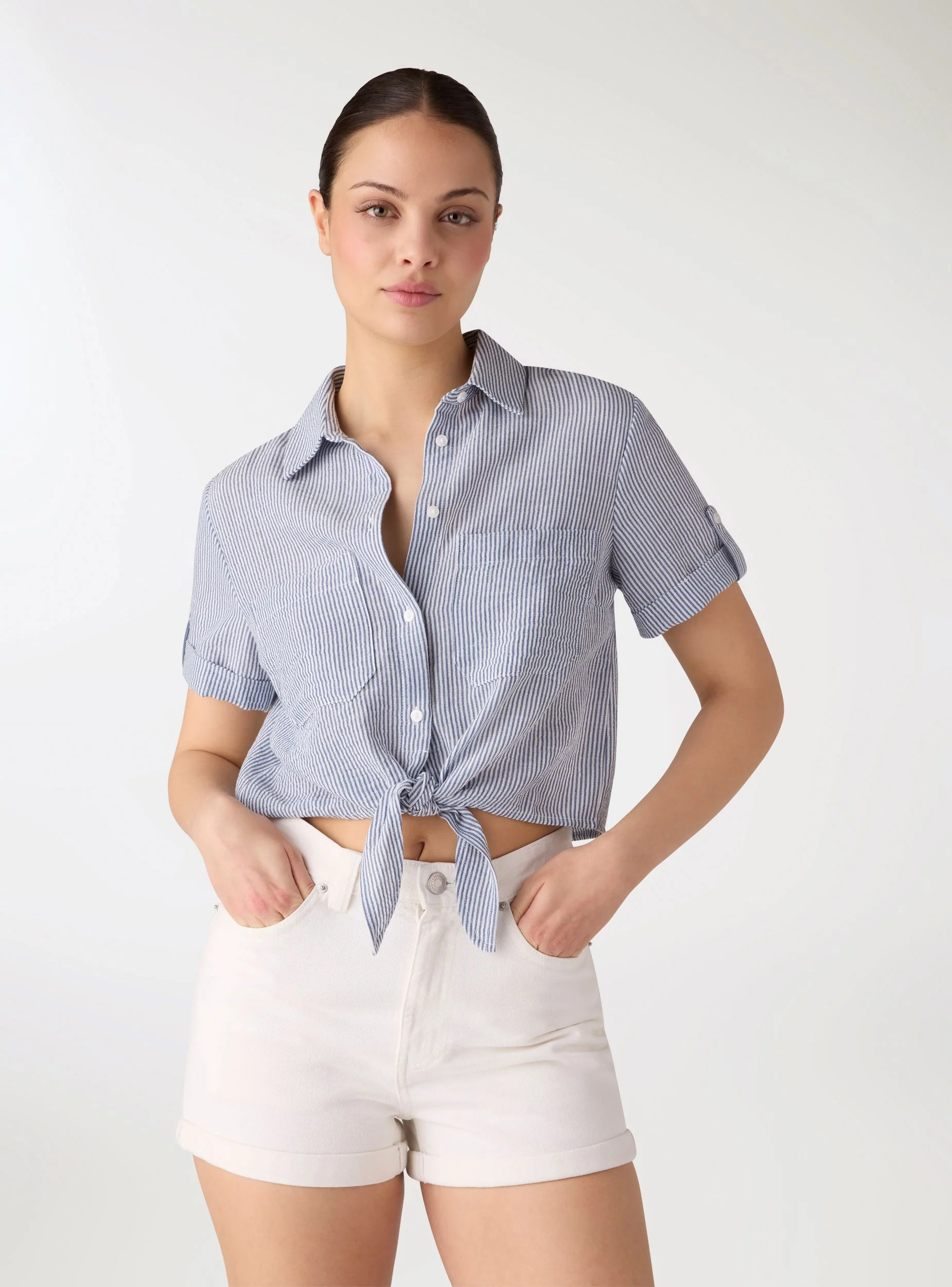 Camicia crop con nodo a righe effetto lino - Image 2