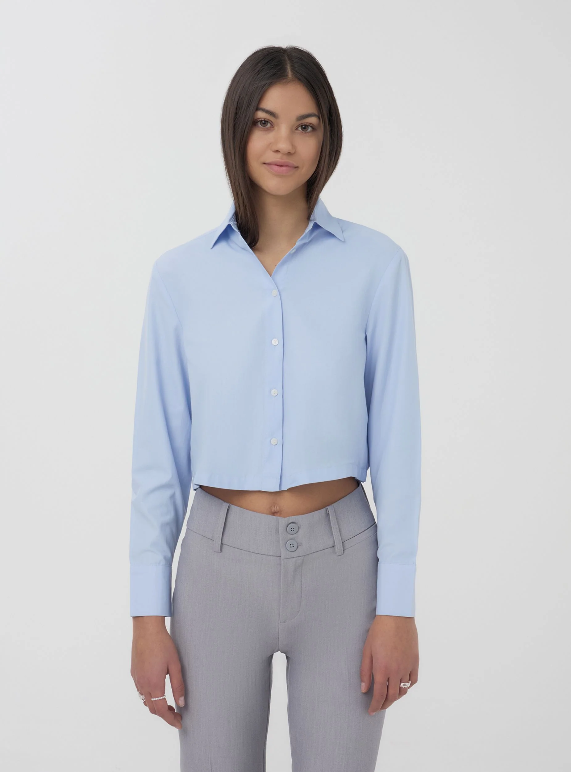 Camicia crop tinta unita in popeline - Image 3