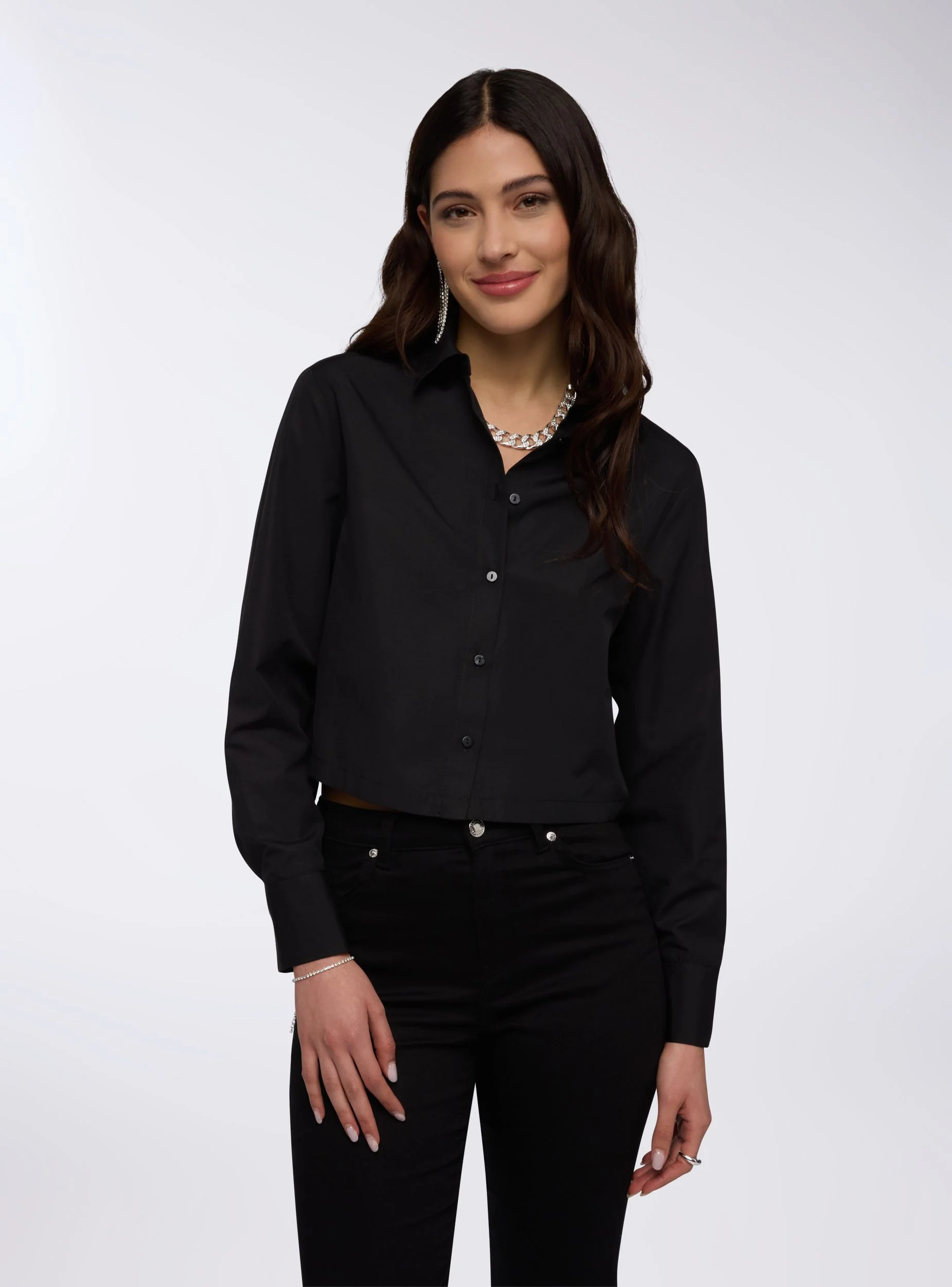 Camicia crop tinta unita in popeline - Image 2