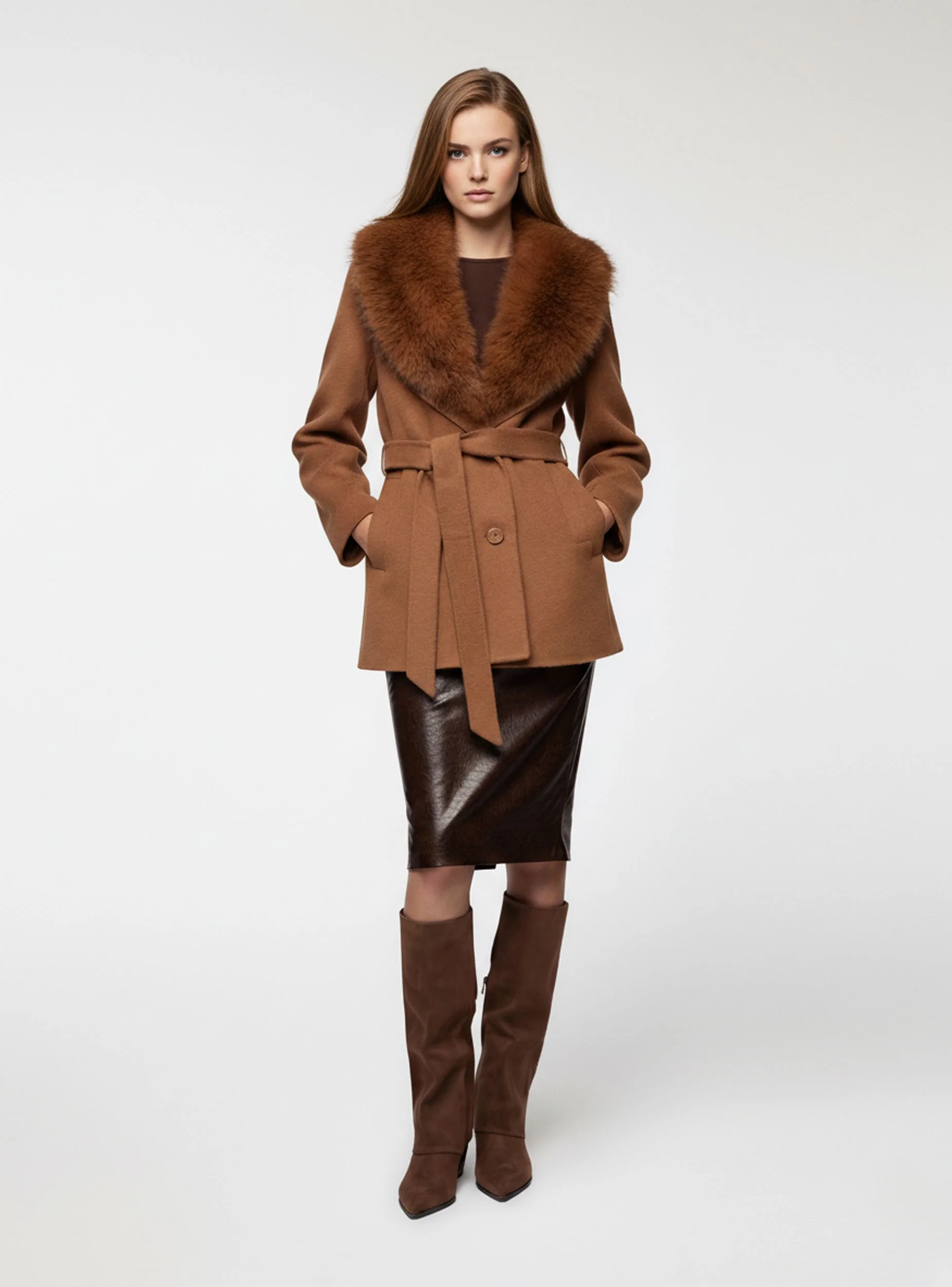 Cappotto con collo in pelliccia sintetica e cintura - Image 4
