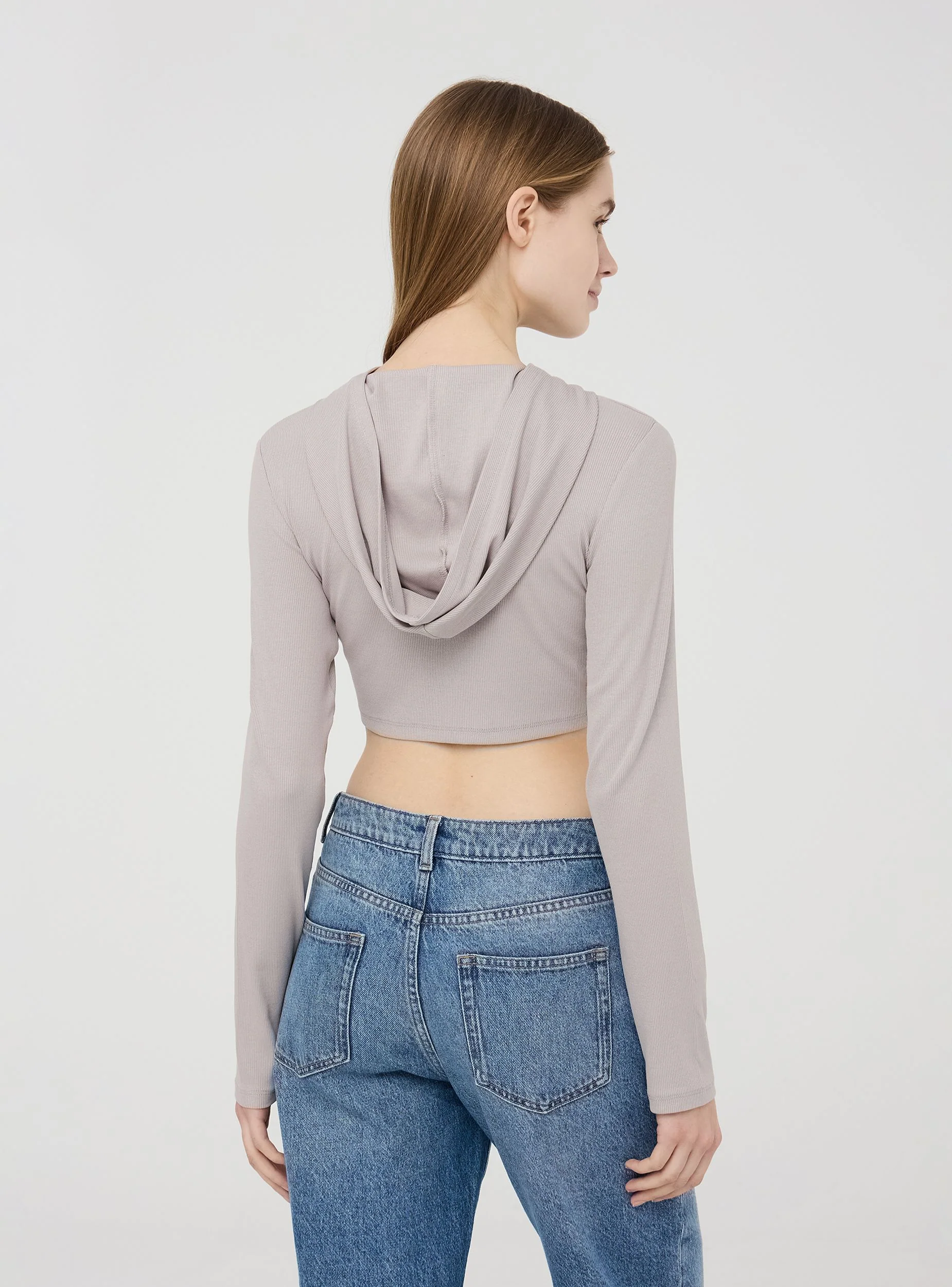 Cardigan crop a costine con cappuccio - Image 3