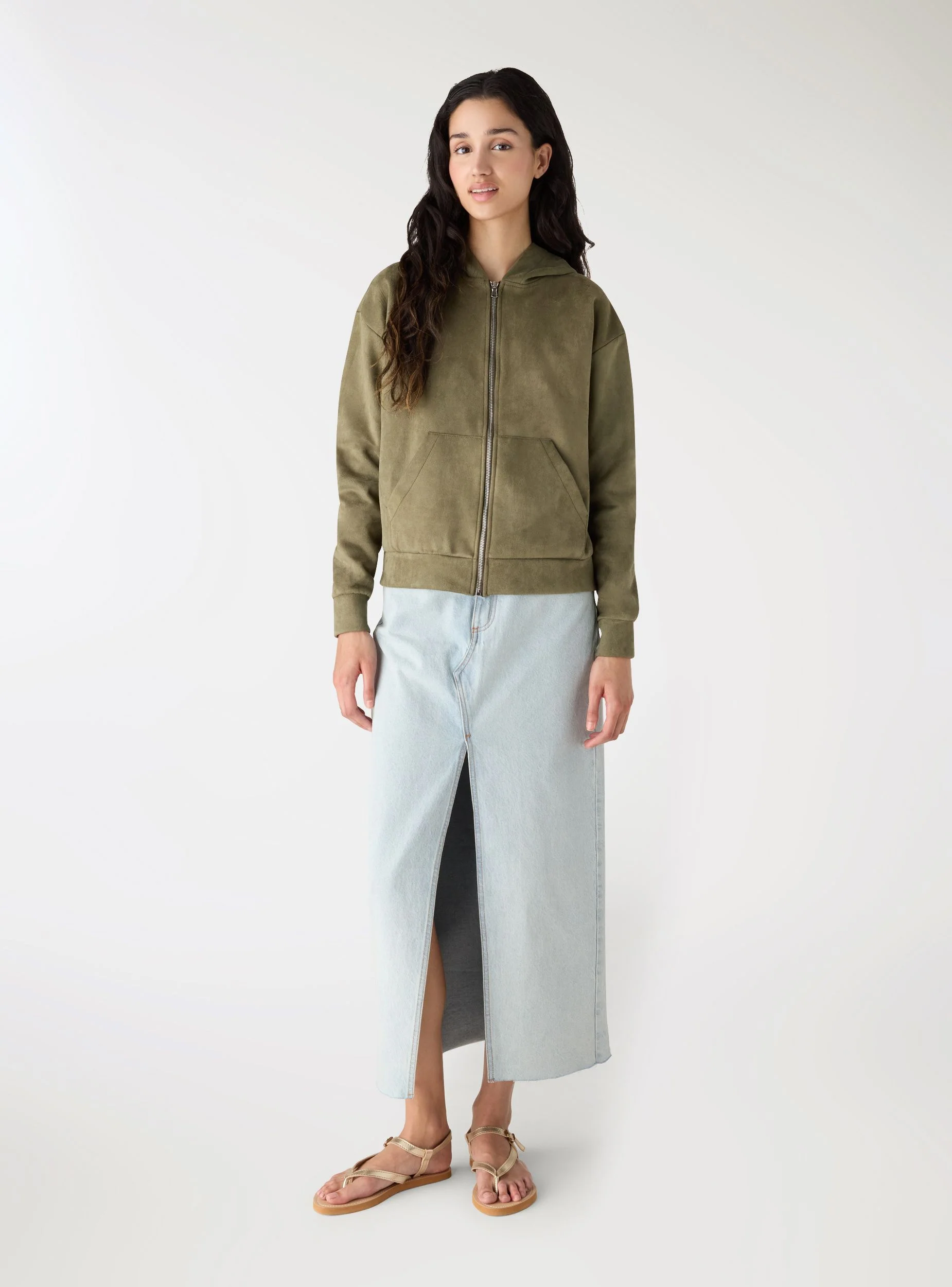 Felpa con cappuccio e zip effetto scamosciato