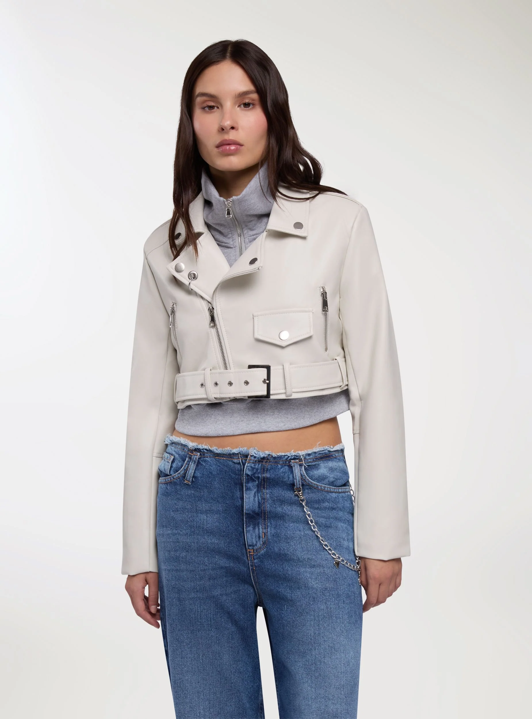 Giacca biker crop con cintura - Image 4