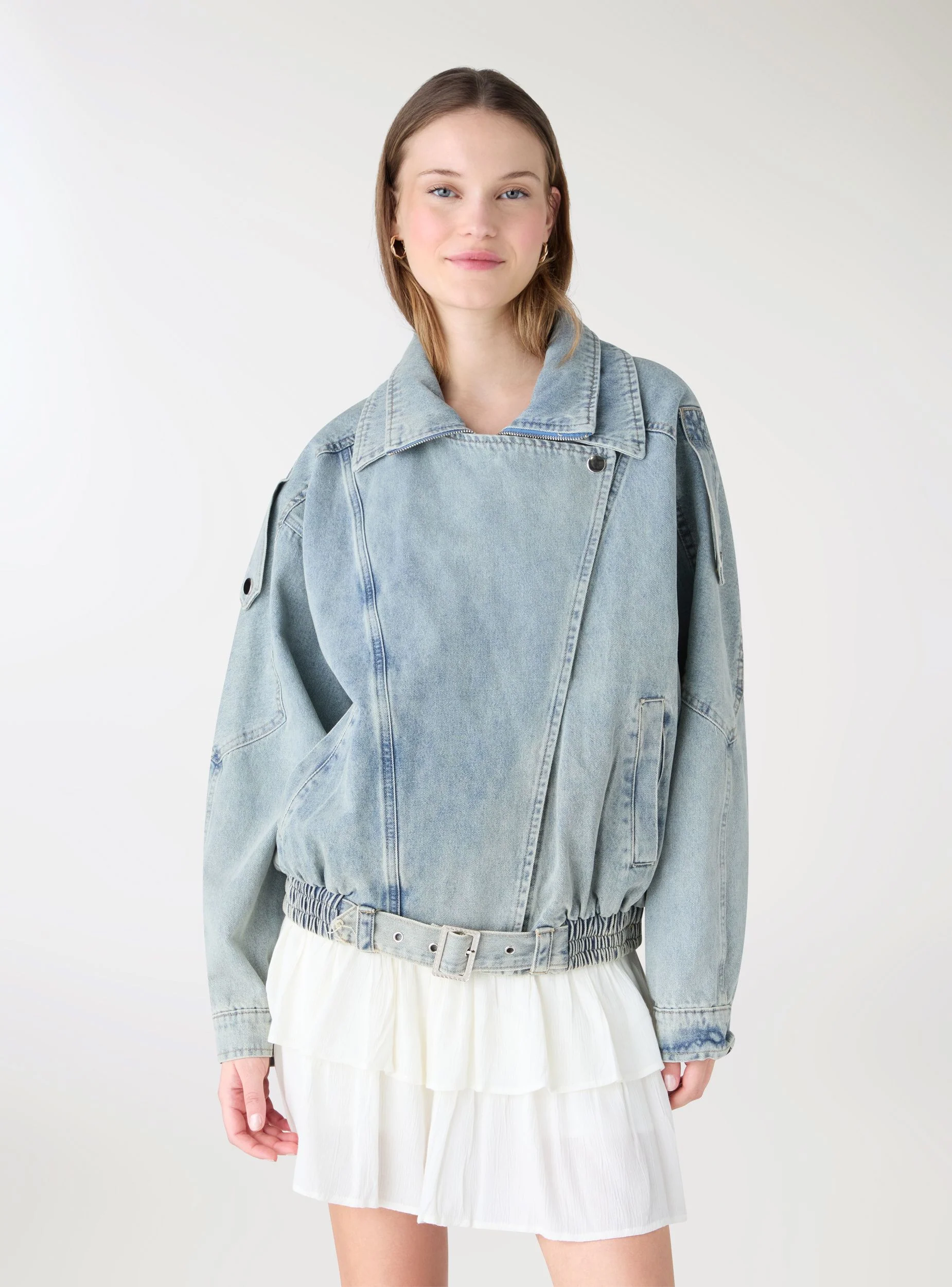 Giacca biker in denim a tinta unita - Image 2