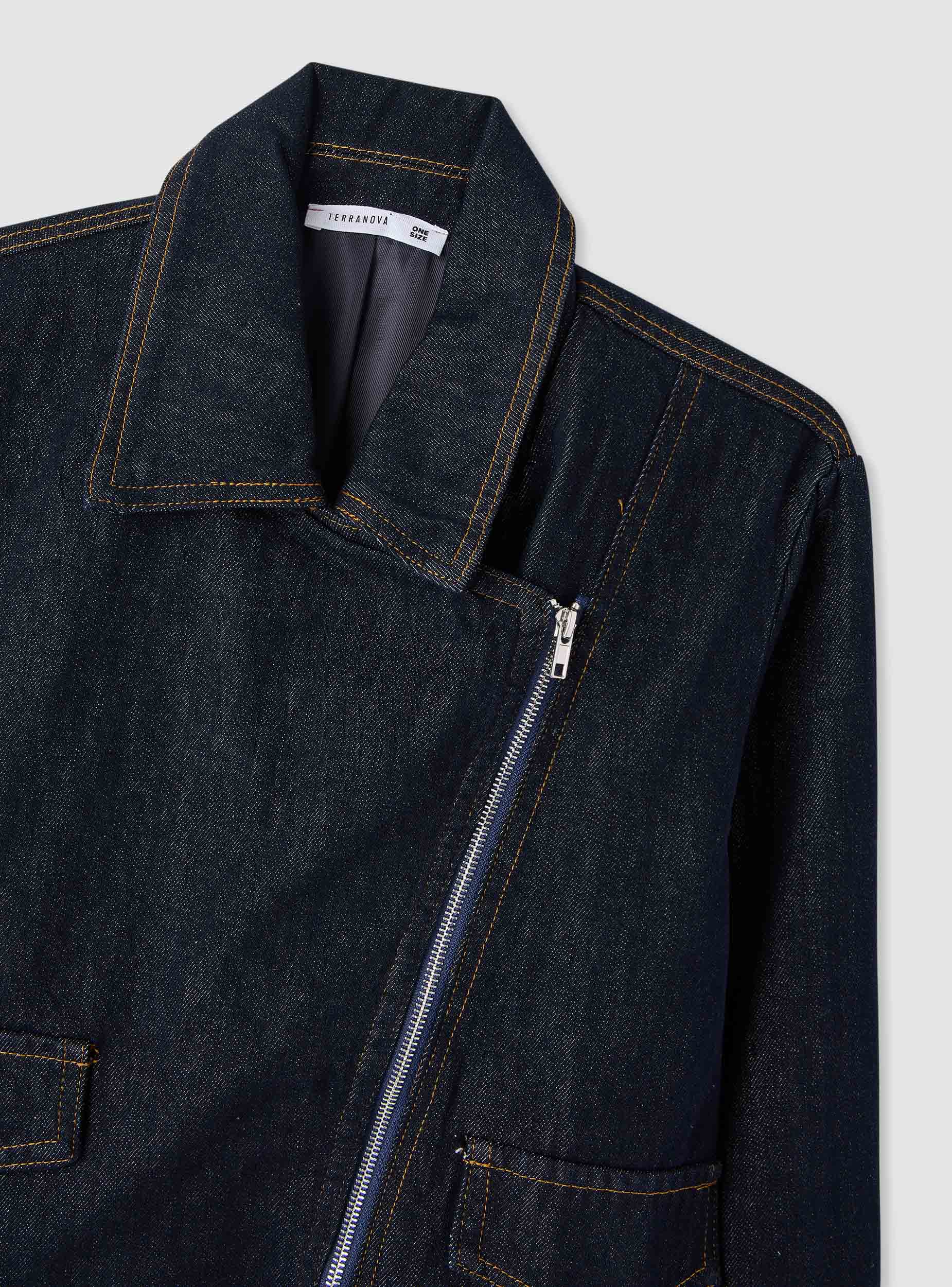 Giacca biker in denim con zip diagonale e cintura - Image 7