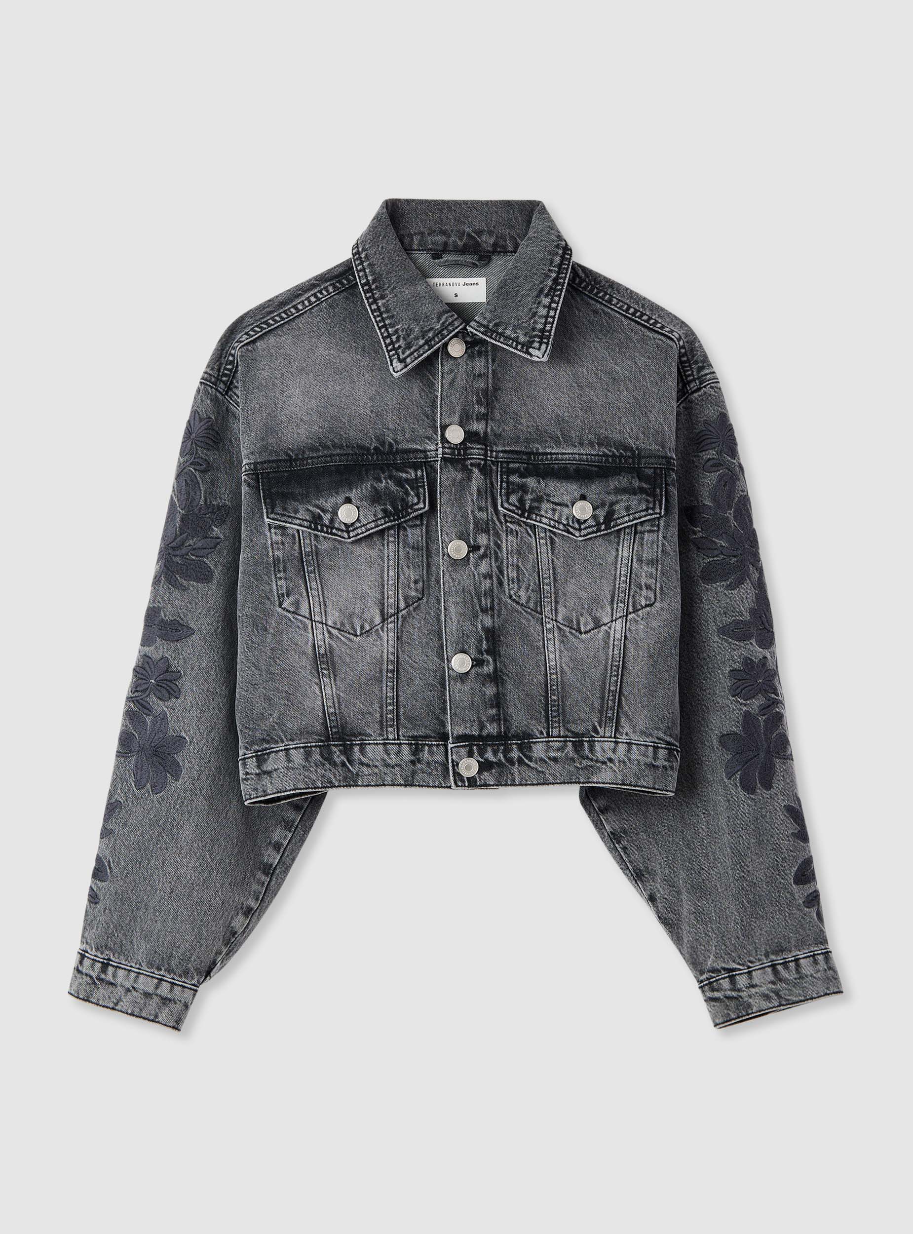 Giacca denim corta con ricamo floreale - Image 5