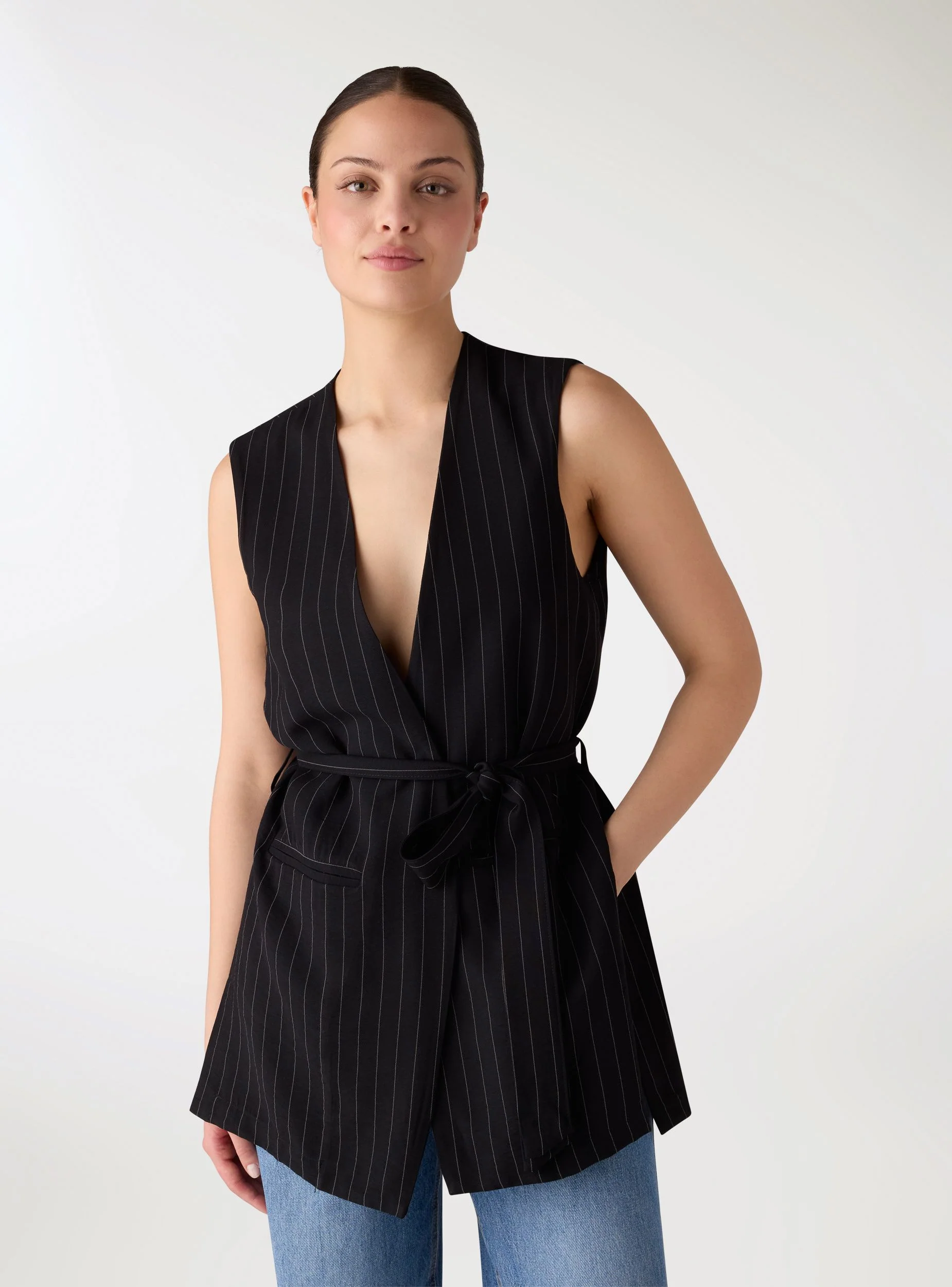 Gilet lungo a righe con cintura - Image 8