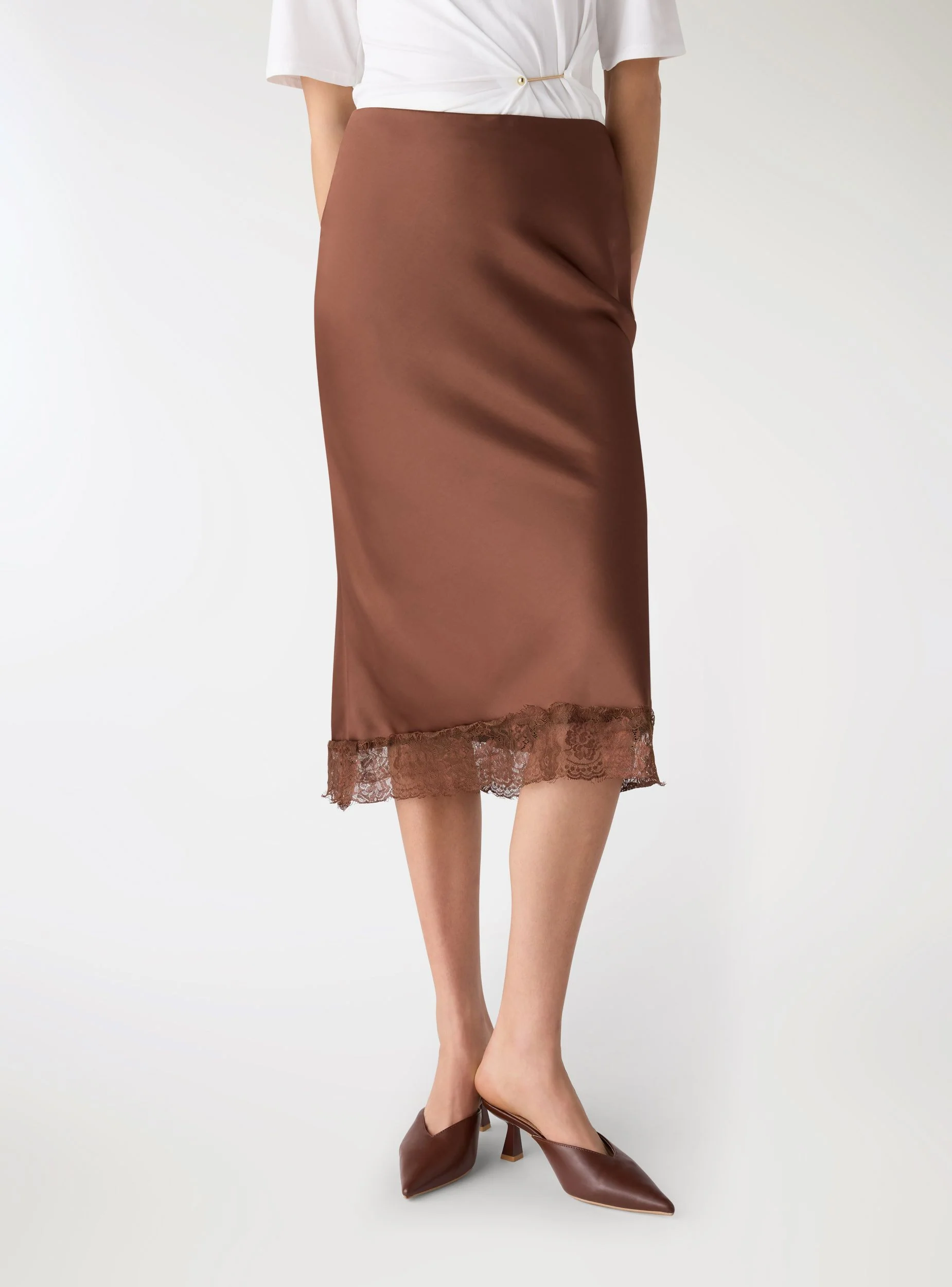Gonna longuette a tinta unita con bordo in pizzo satin - Image 2