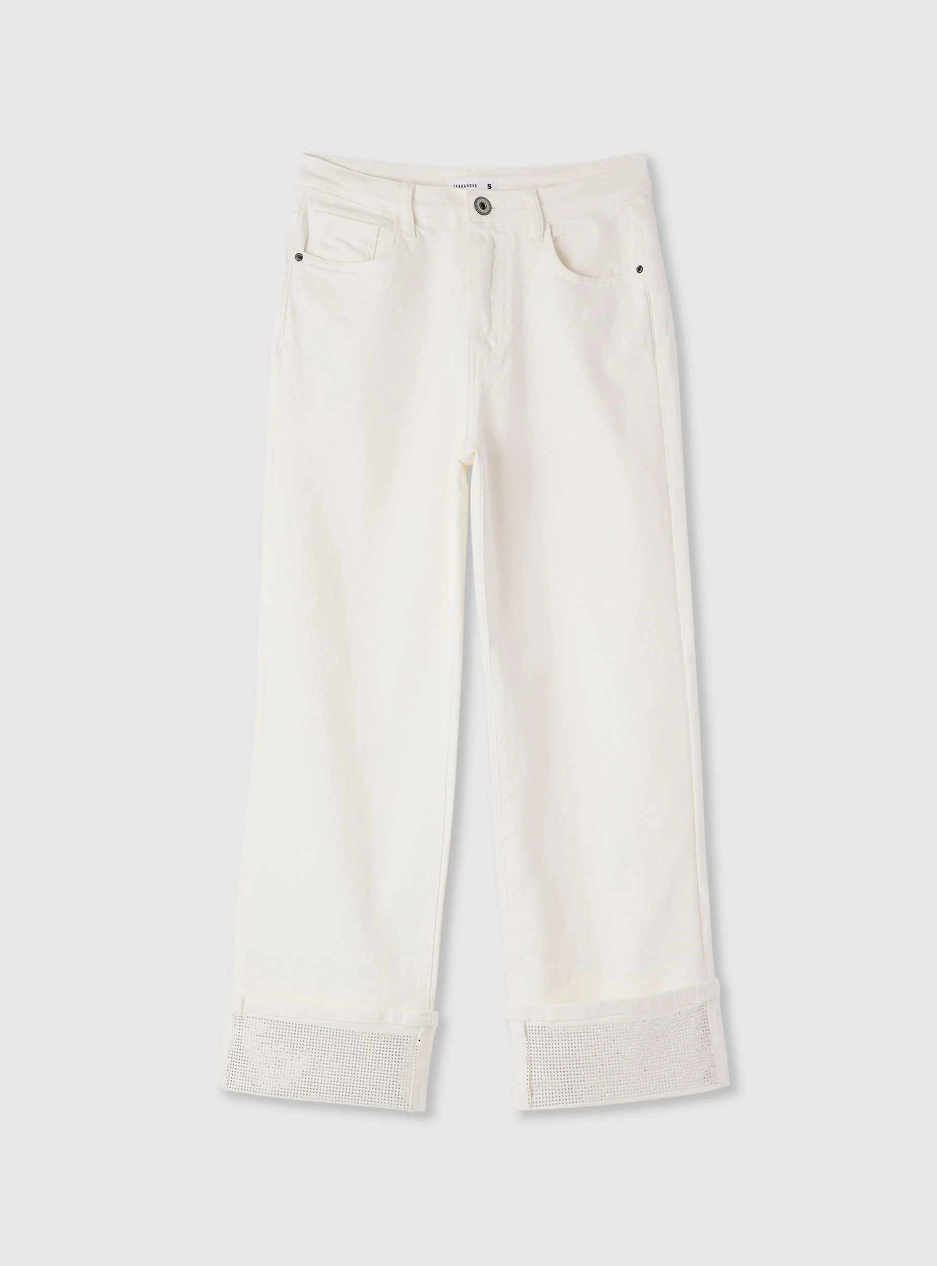 Jeans a tinta unita con risvolti e strass - Image 7