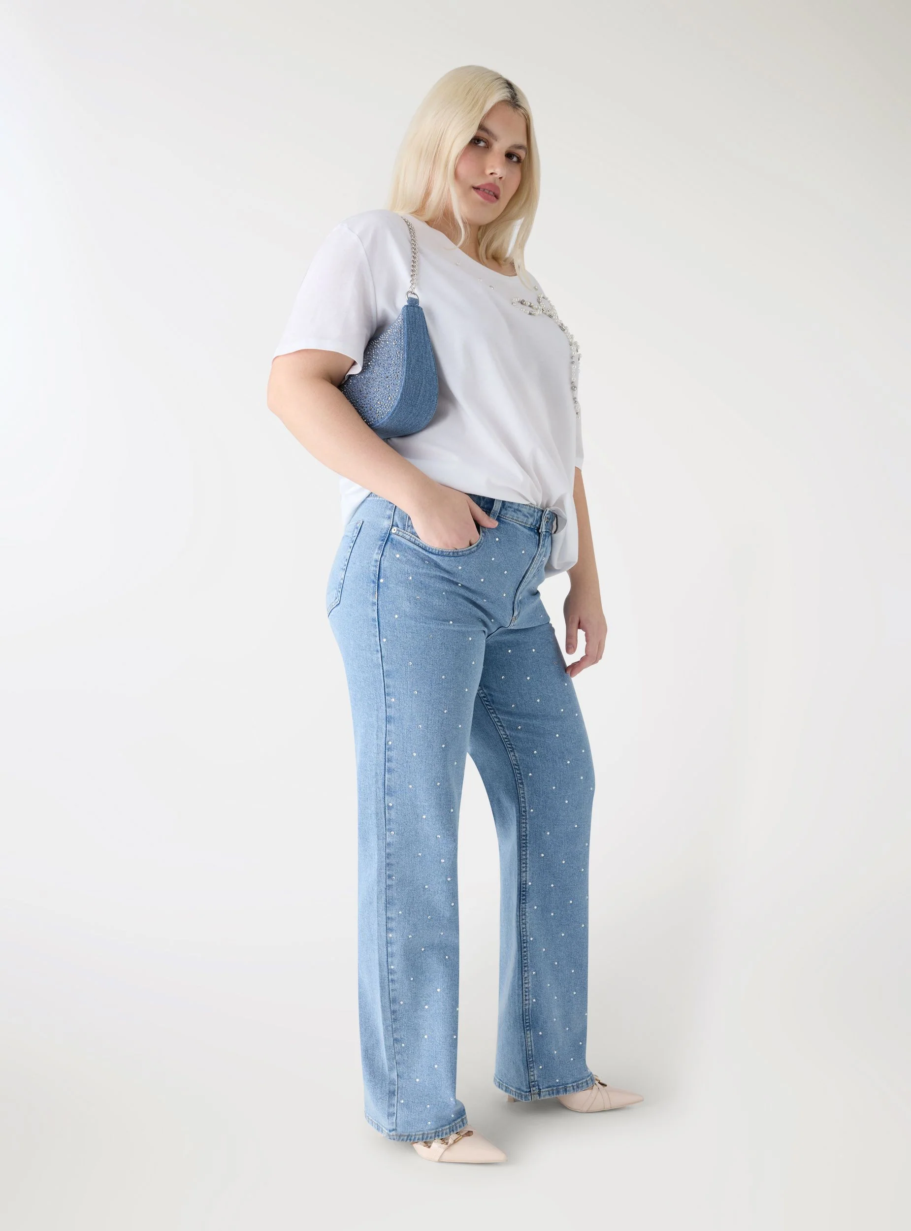 Jeans straight con strass