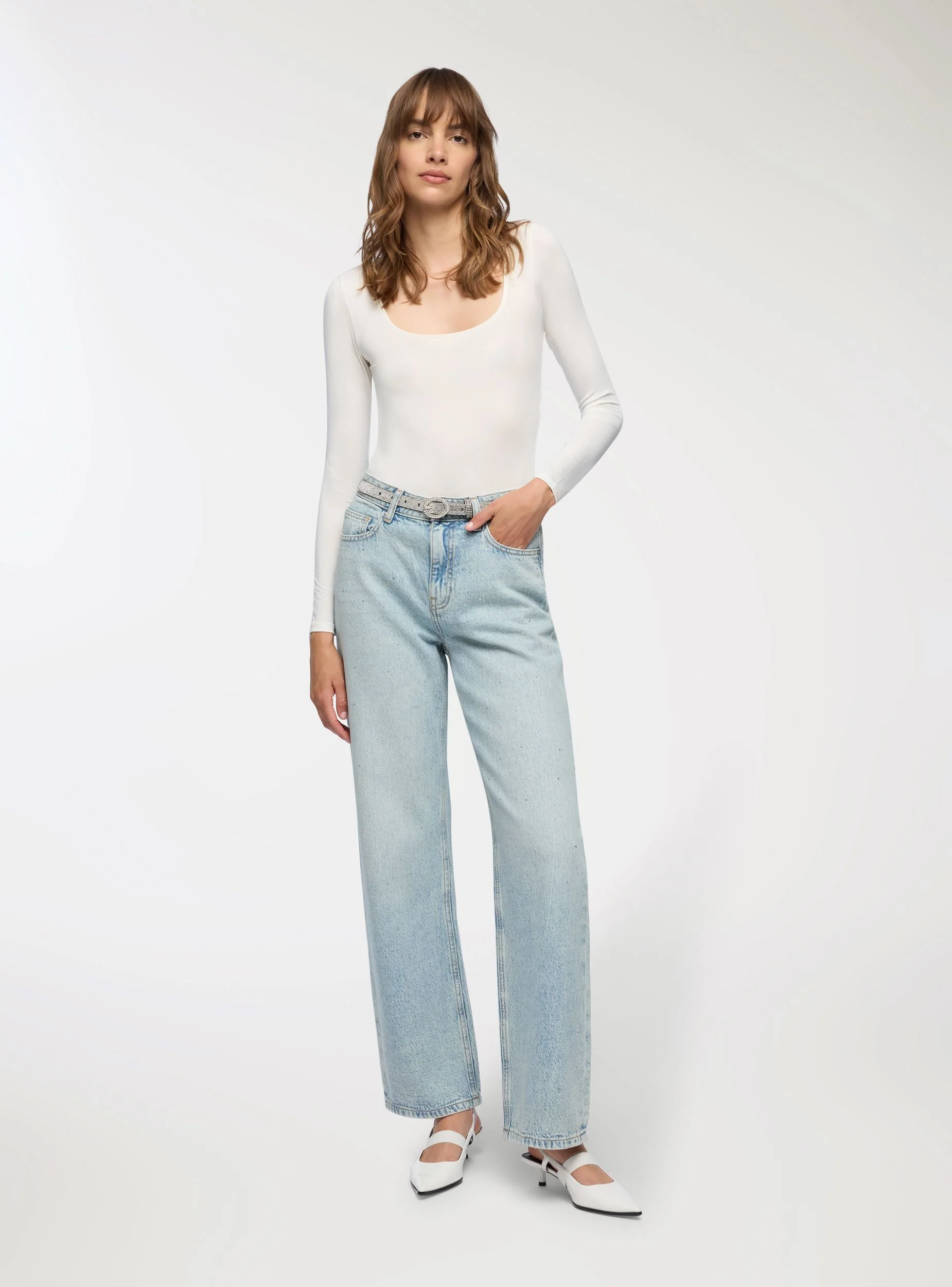 Jeans wide leg chiari con strass - Image 3