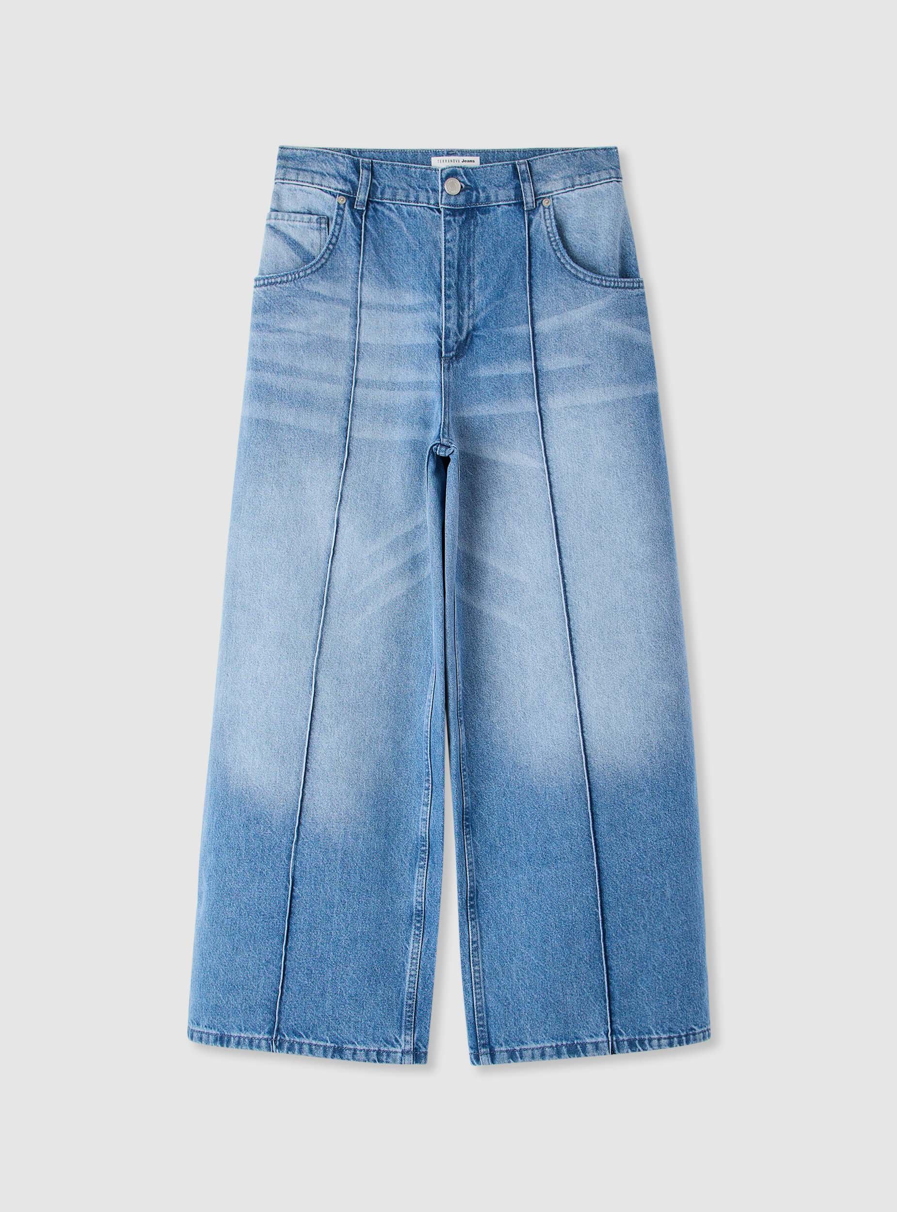 Jeans wide leg con nervatura a tinta unita - Image 5