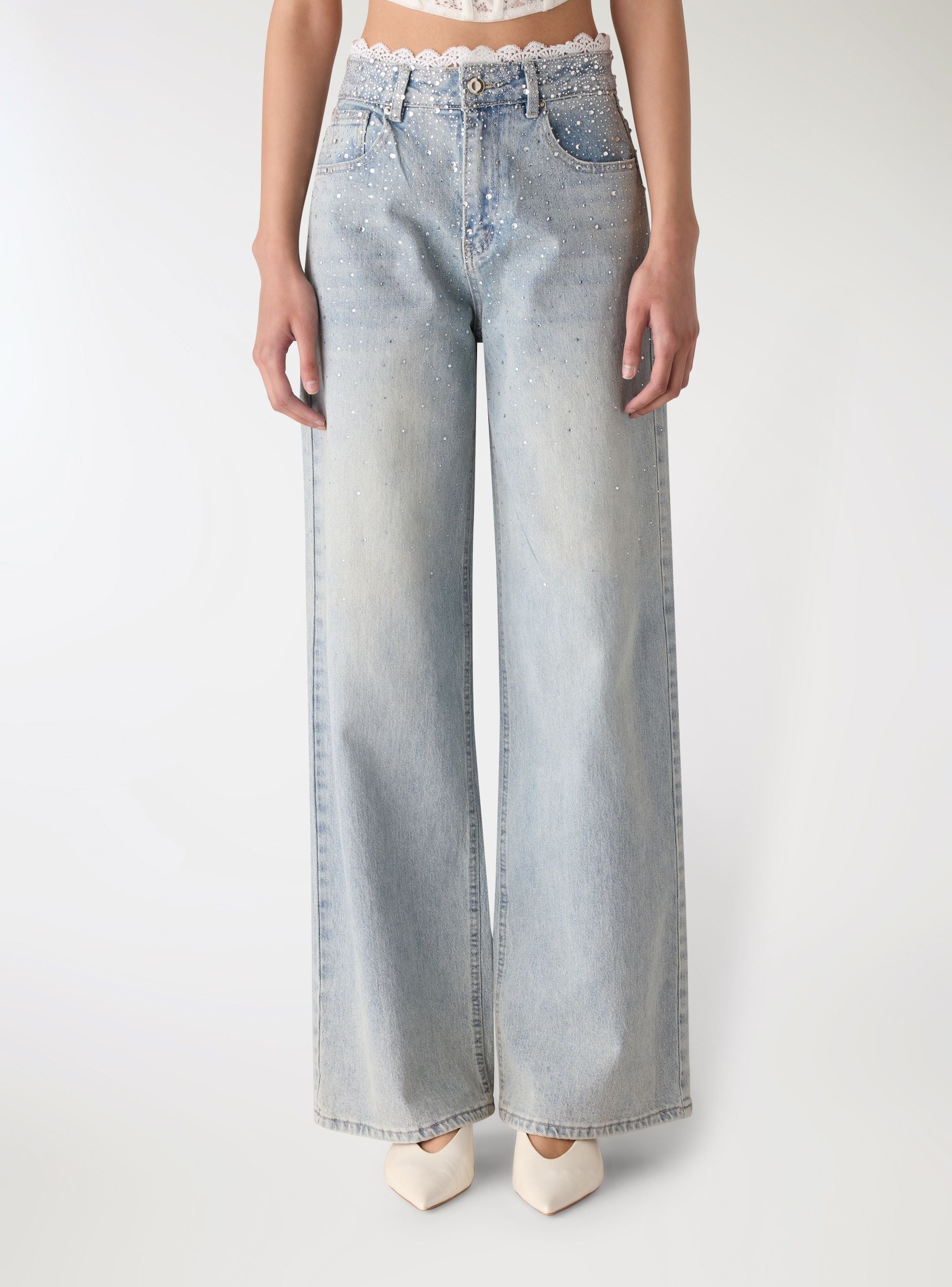 Jeans wide leg con strass e bordo sangallo - Image 2