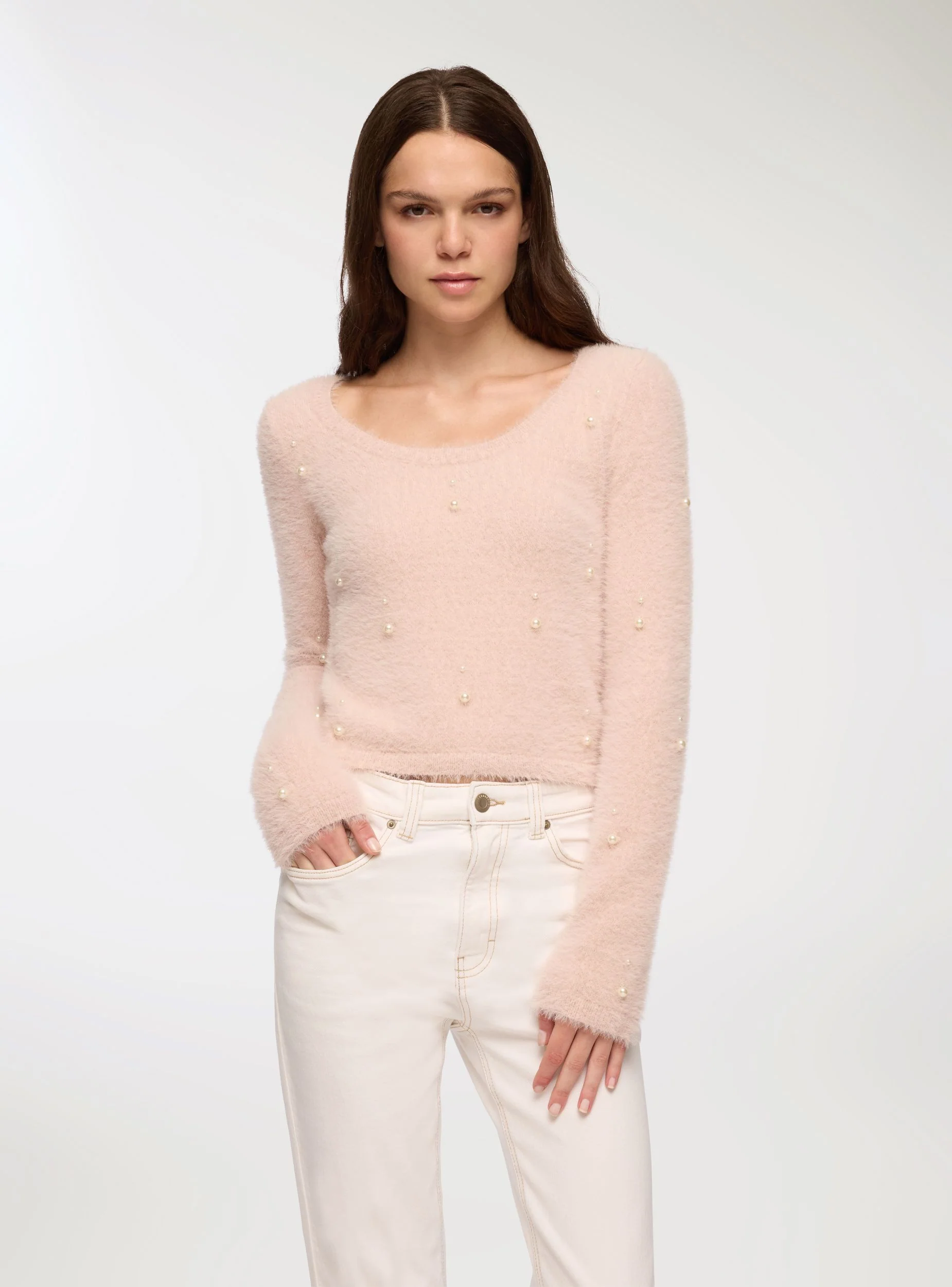 Maglia crop effetto pelo con perle