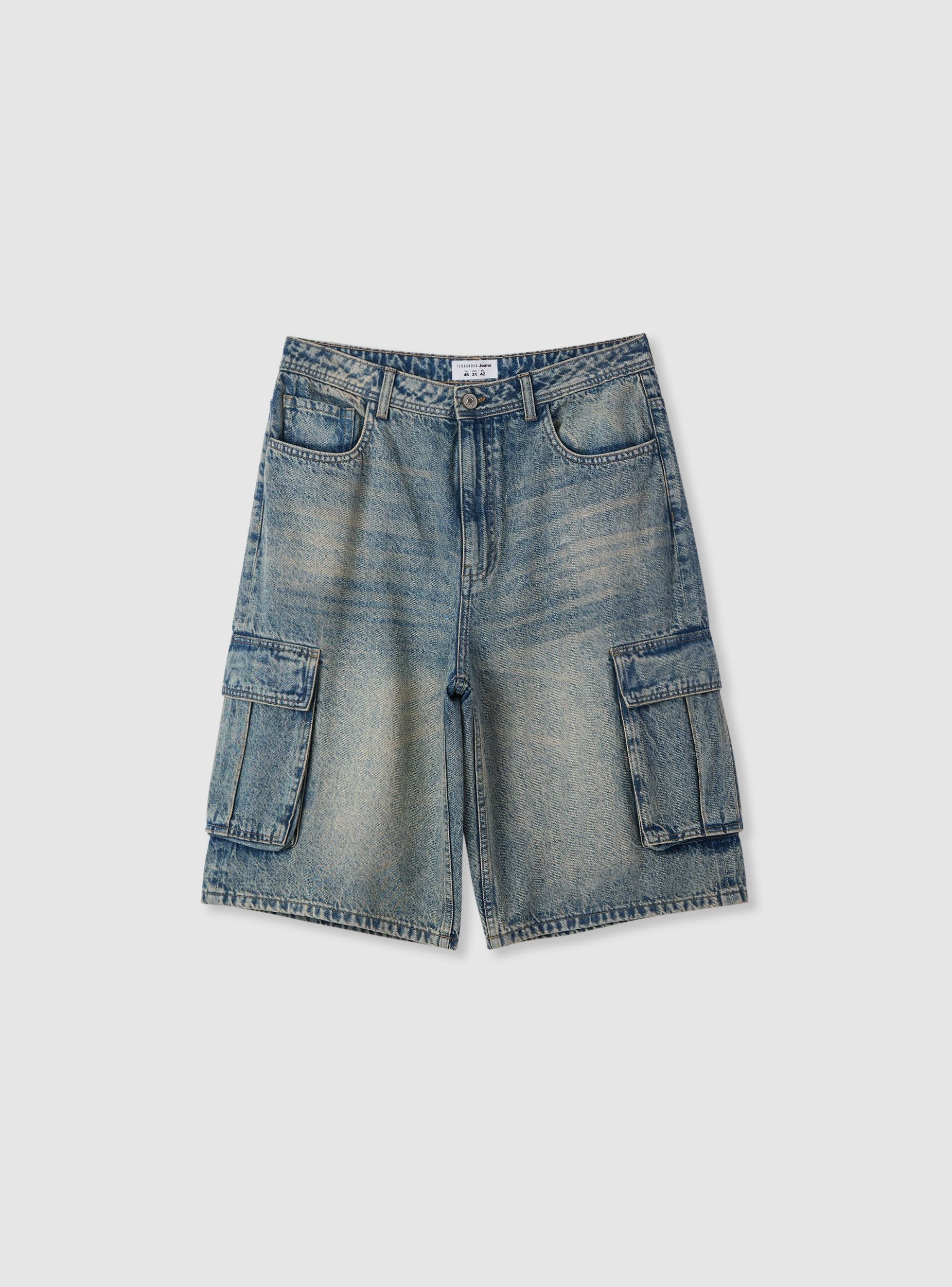 Pantaloncini jeans cargo super baggy a tinta unita - Image 6