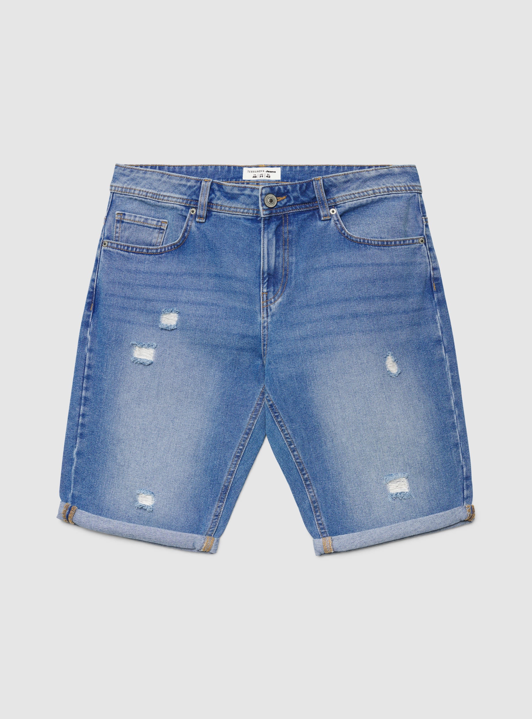 Pantaloncini jeans con strappi e risvolto - Image 5