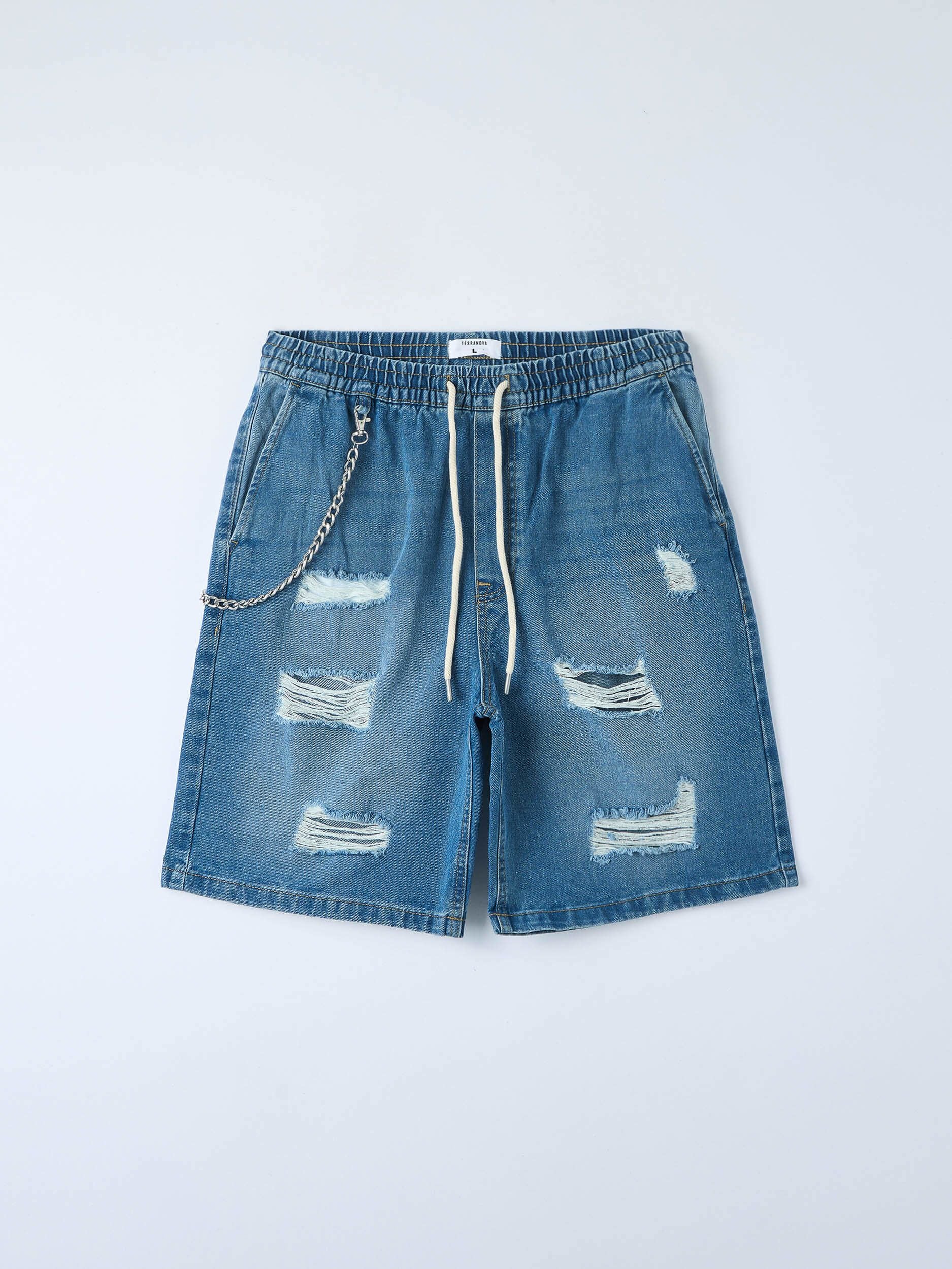 Pantaloncini jeans loose con strappi e catena - Image 6