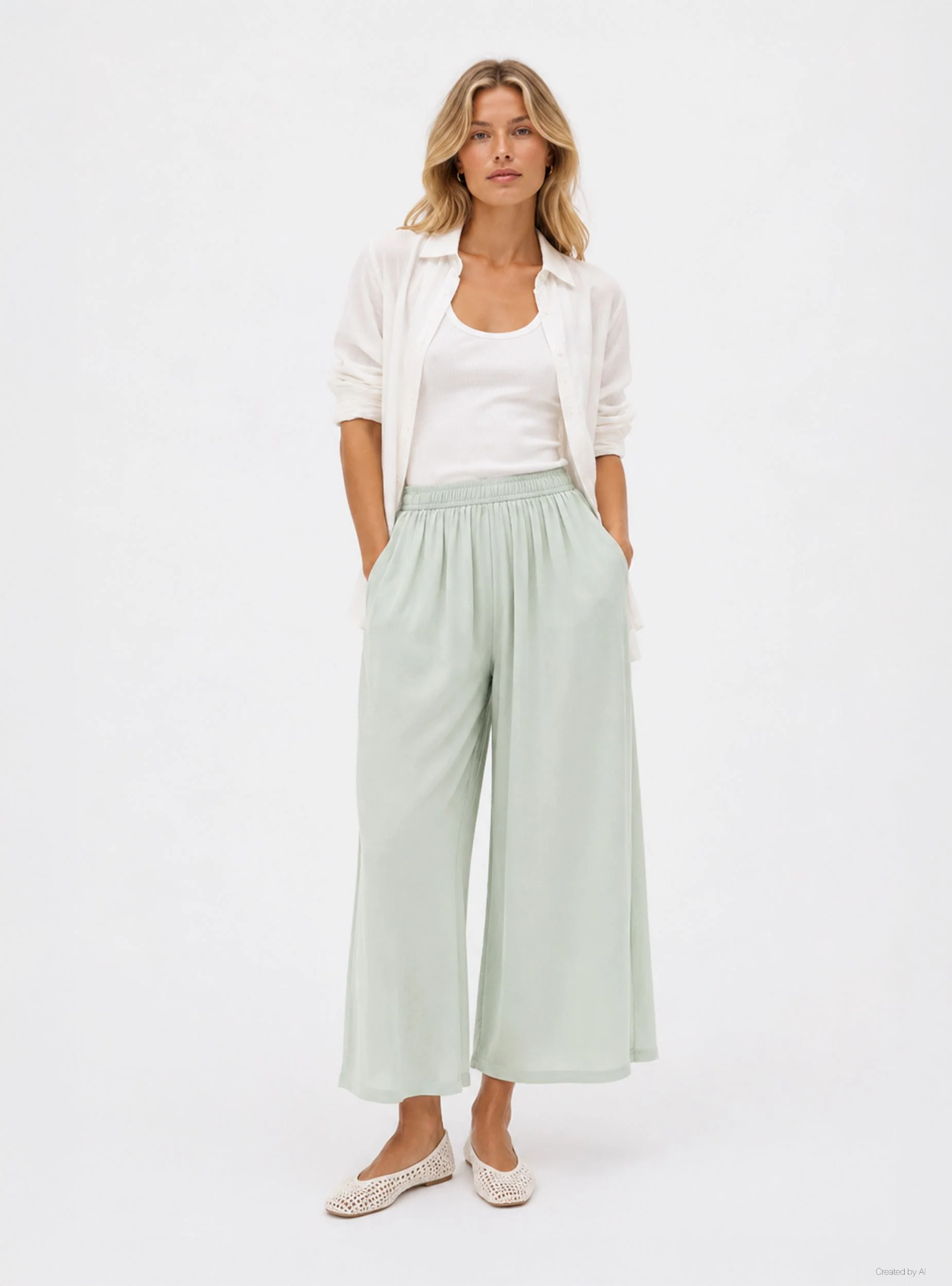 Pantaloni palazzo crop con elastico in vita