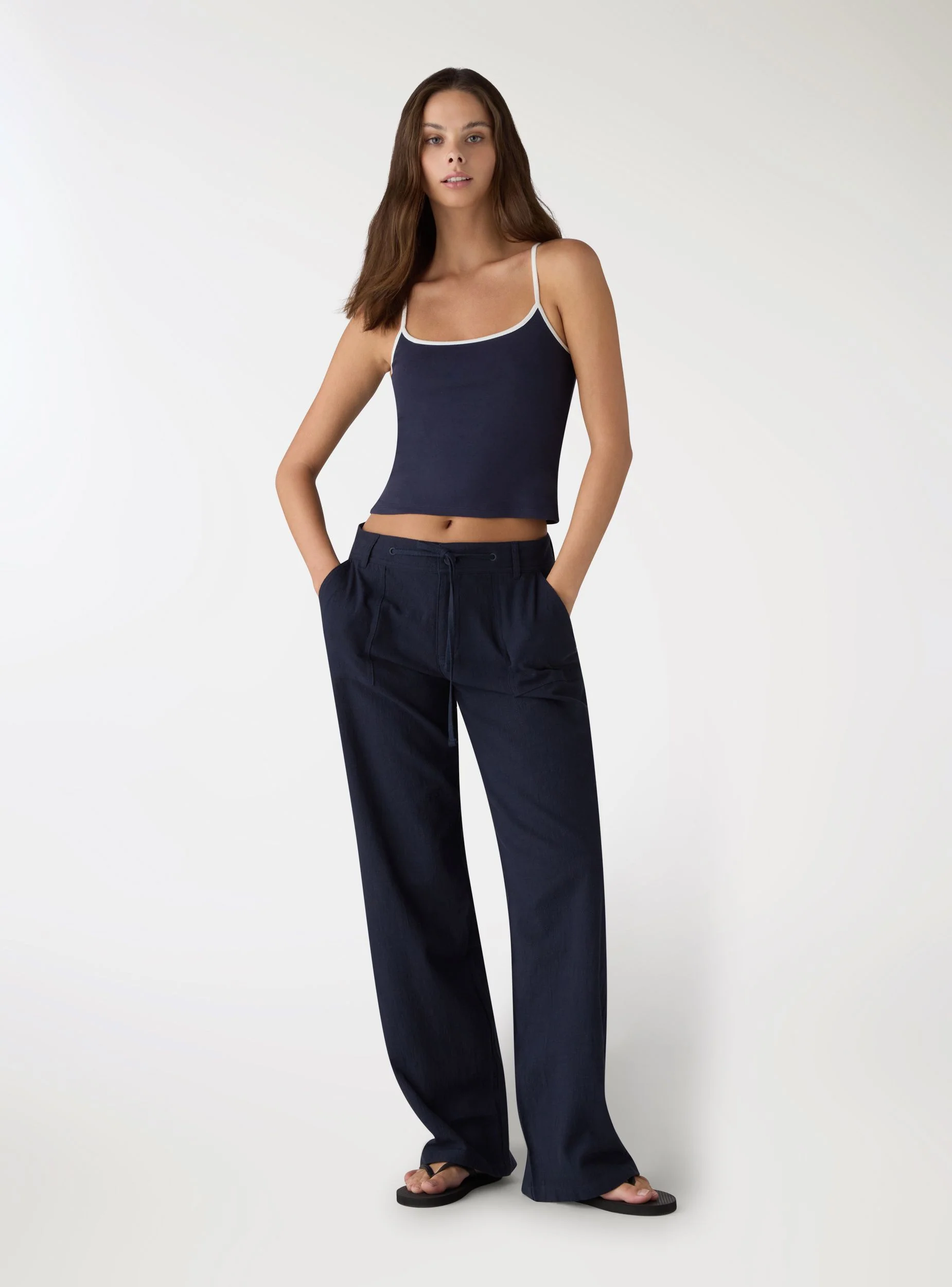 Pantaloni straight vita bassa effetto lino - Image 2