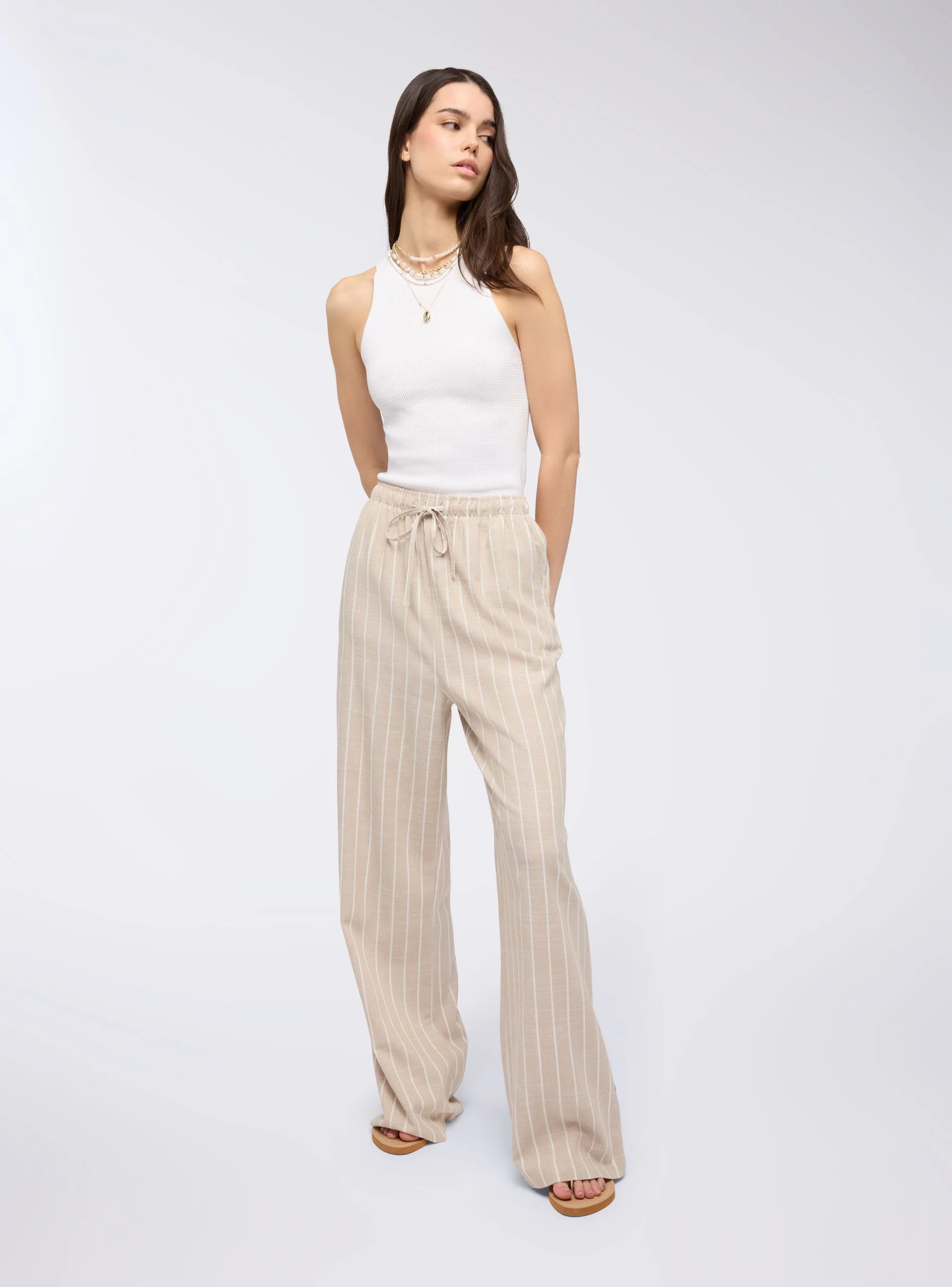 Pantaloni wide leg a righe in misto lino - Image 3