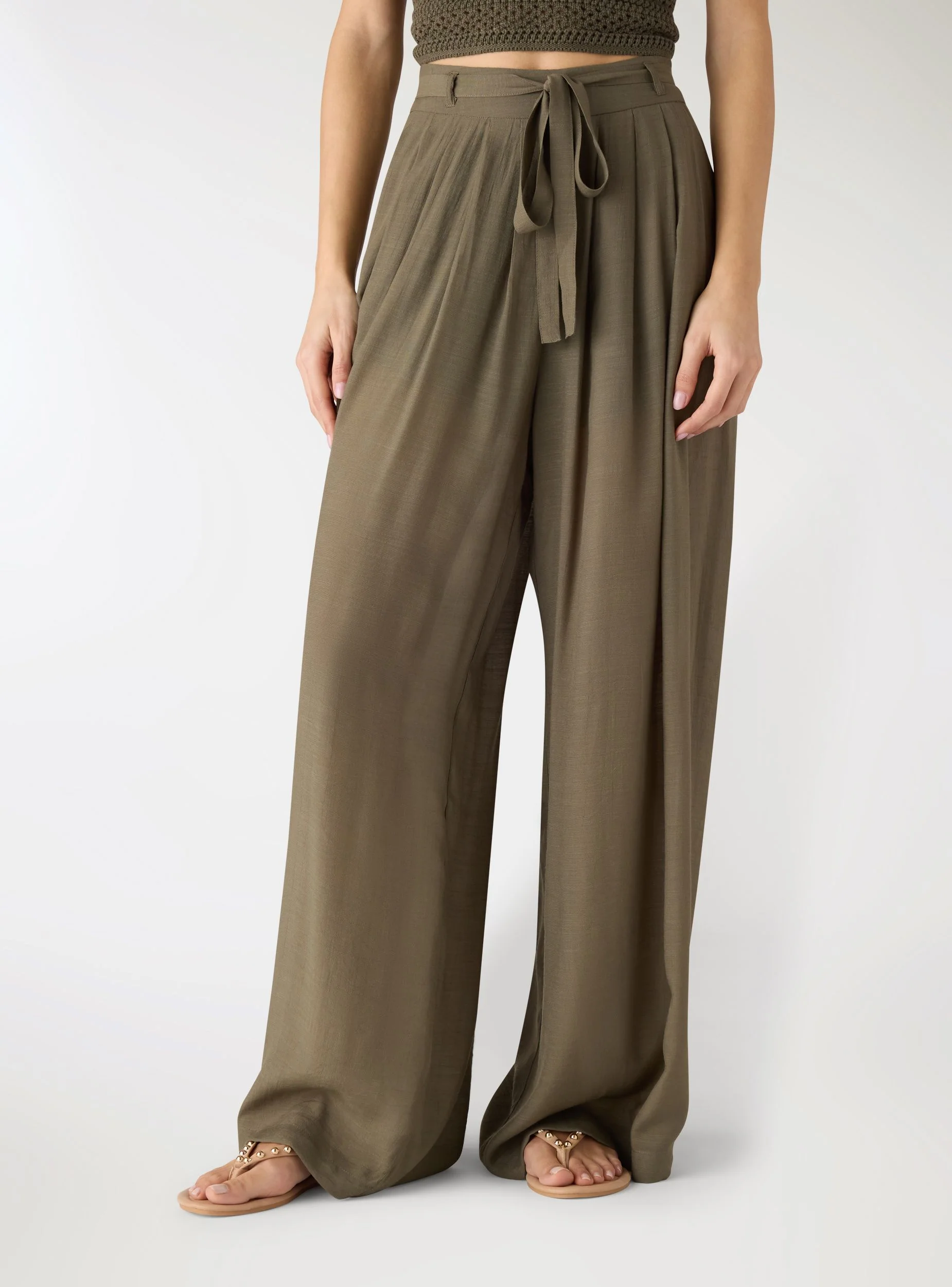 Pantaloni wide leg a tinta unita con cintura - Image 2