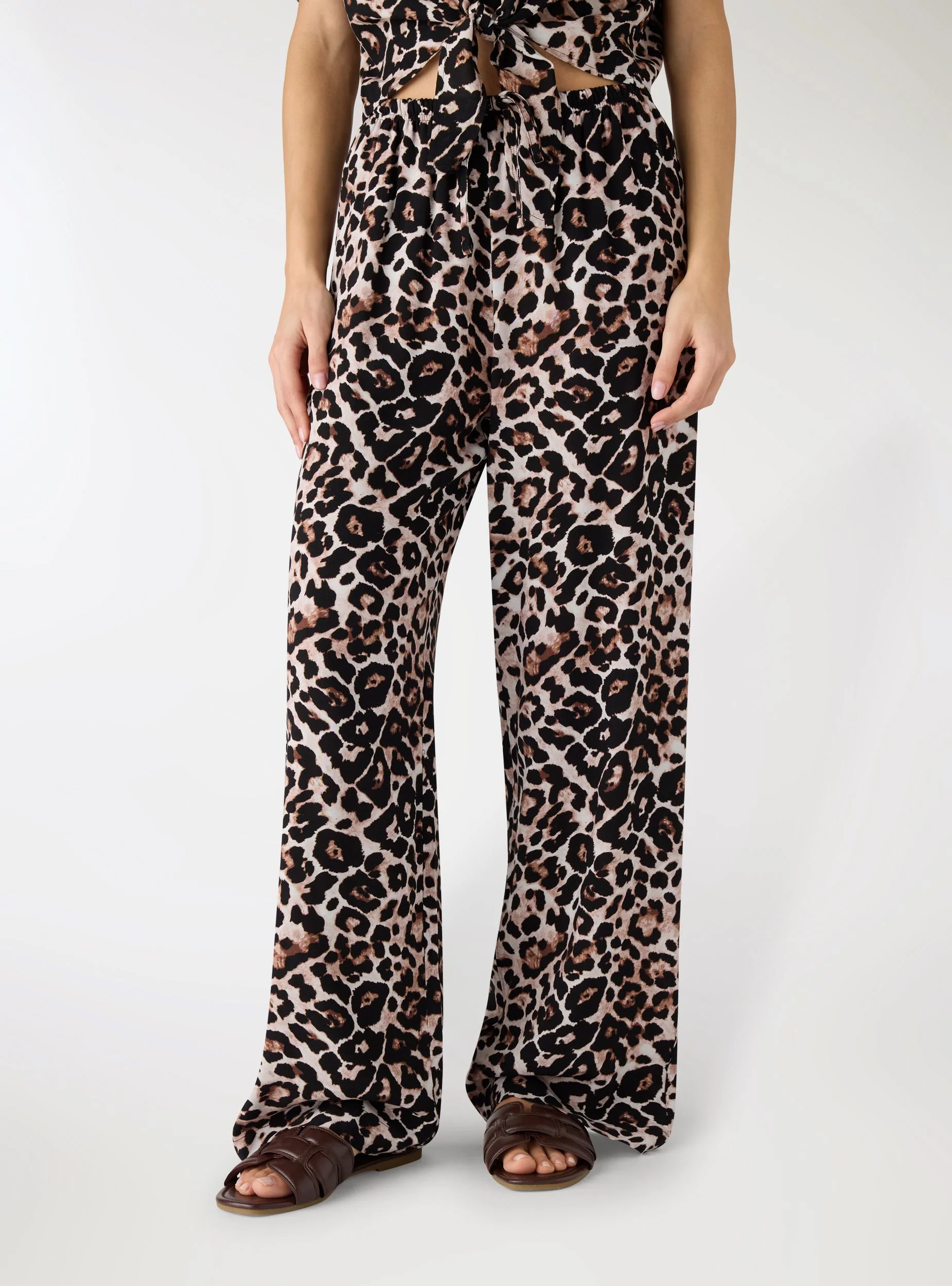 Pantaloni wide leg animalier con coulisse