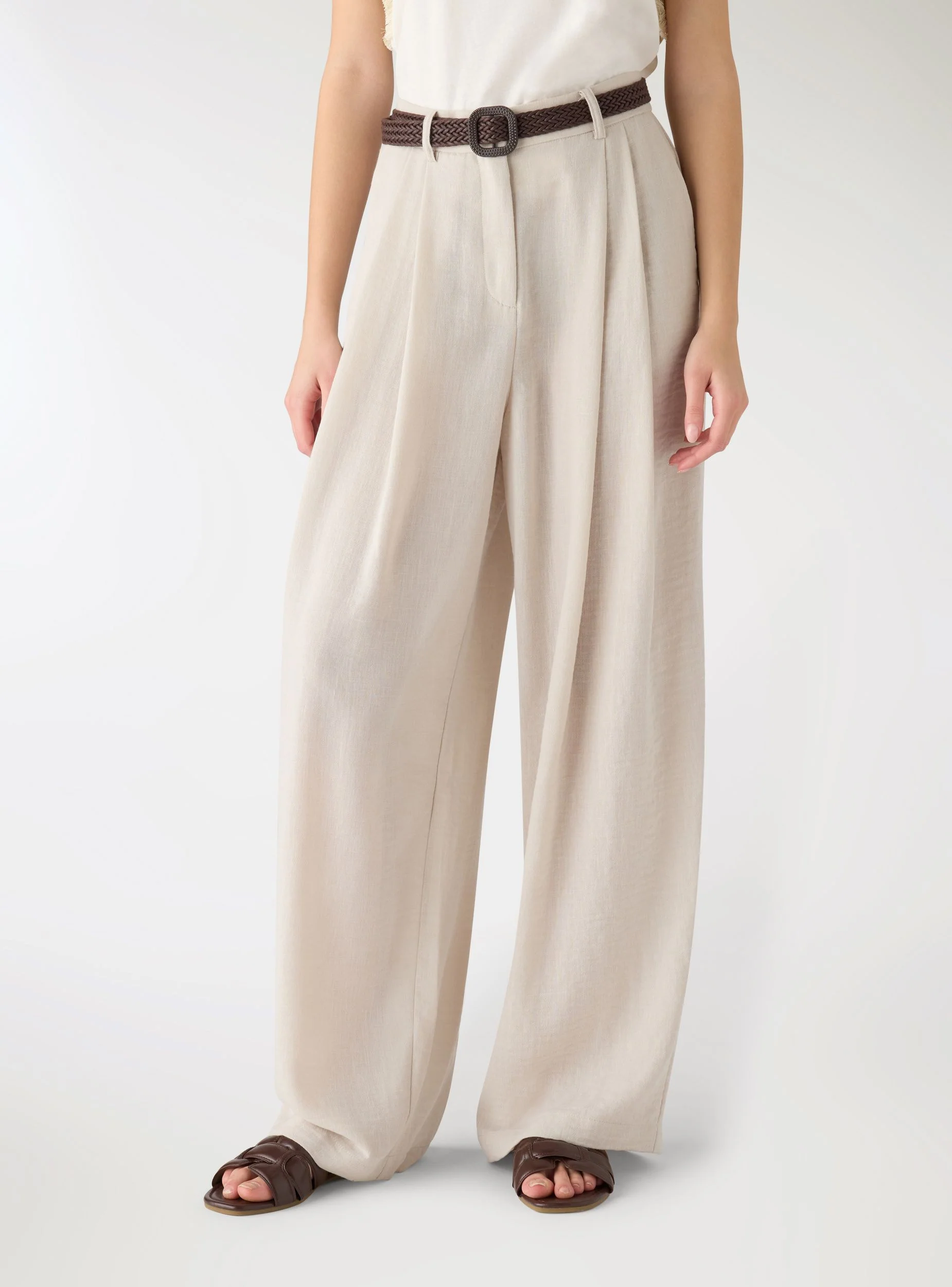 Pantaloni wide leg effetto lino con cintura intrecciata
