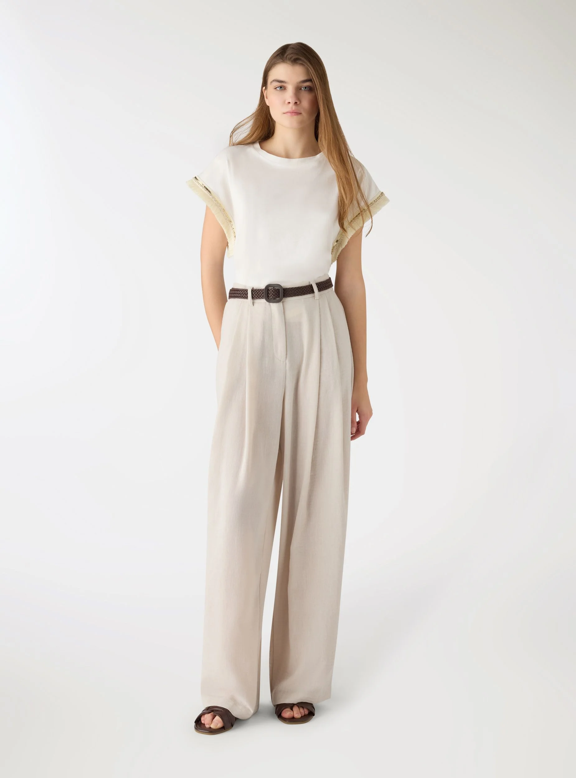 Pantaloni wide leg effetto lino con cintura intrecciata - Image 2