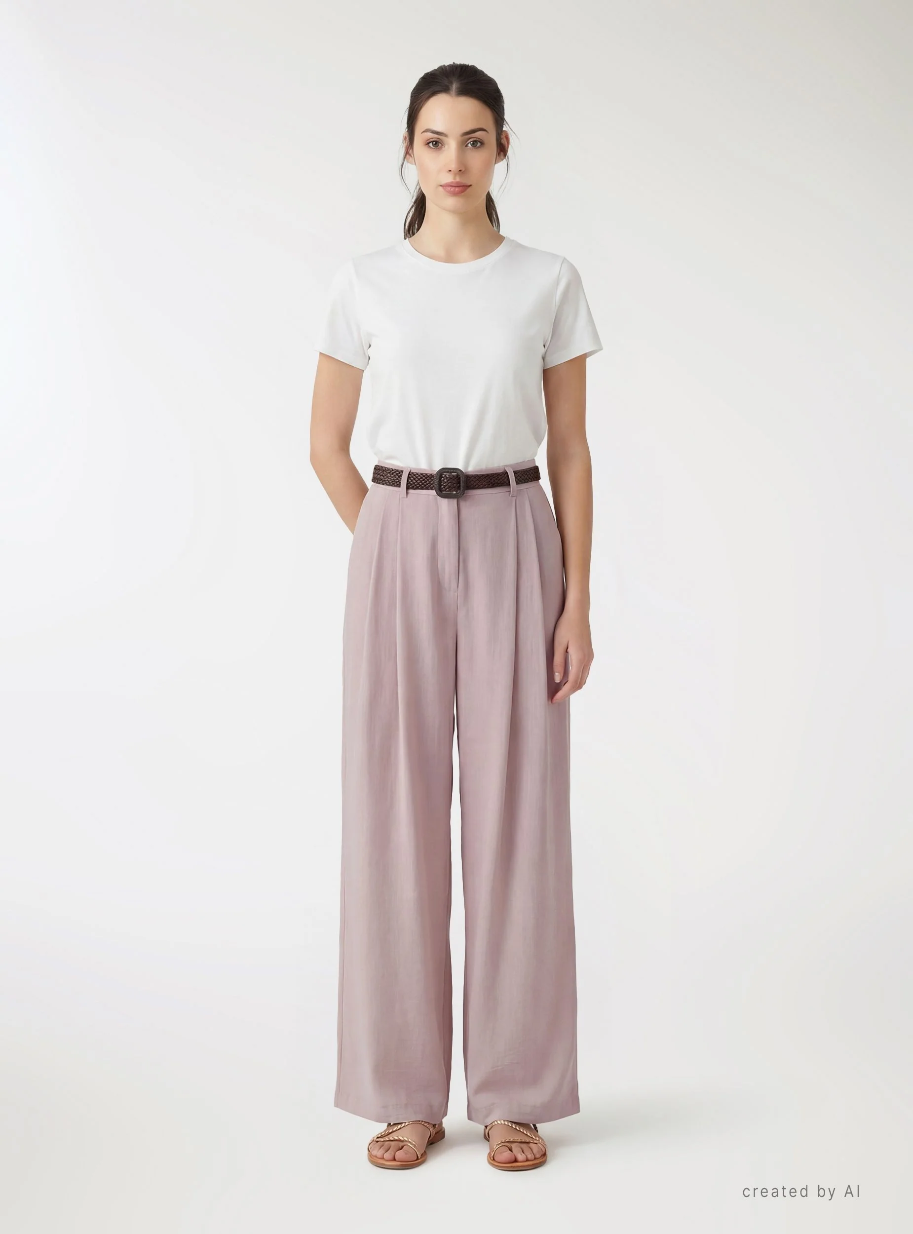 Pantaloni wide leg effetto lino con cintura intrecciata